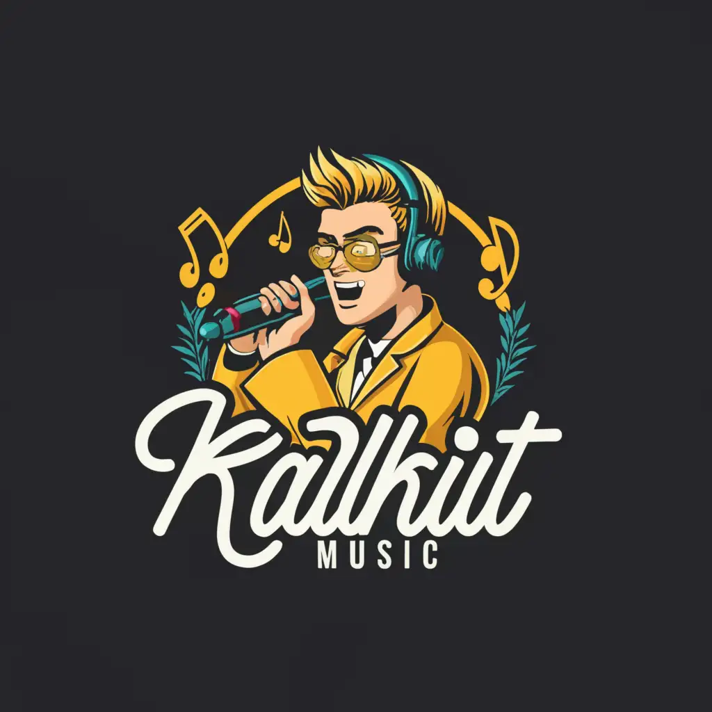 a logo design, with the text 'KalKit music', main symbol: a 4k musical logo design, with the text 'KalKit music', main symbol: very handsome male pop star guy singing, in the back of the title, clear background, font-.ultra-regular { font-family: 'Ultra', serif; font-weight: 400; font-style: normal; }, Moderate, be used in Travel industry, clear background