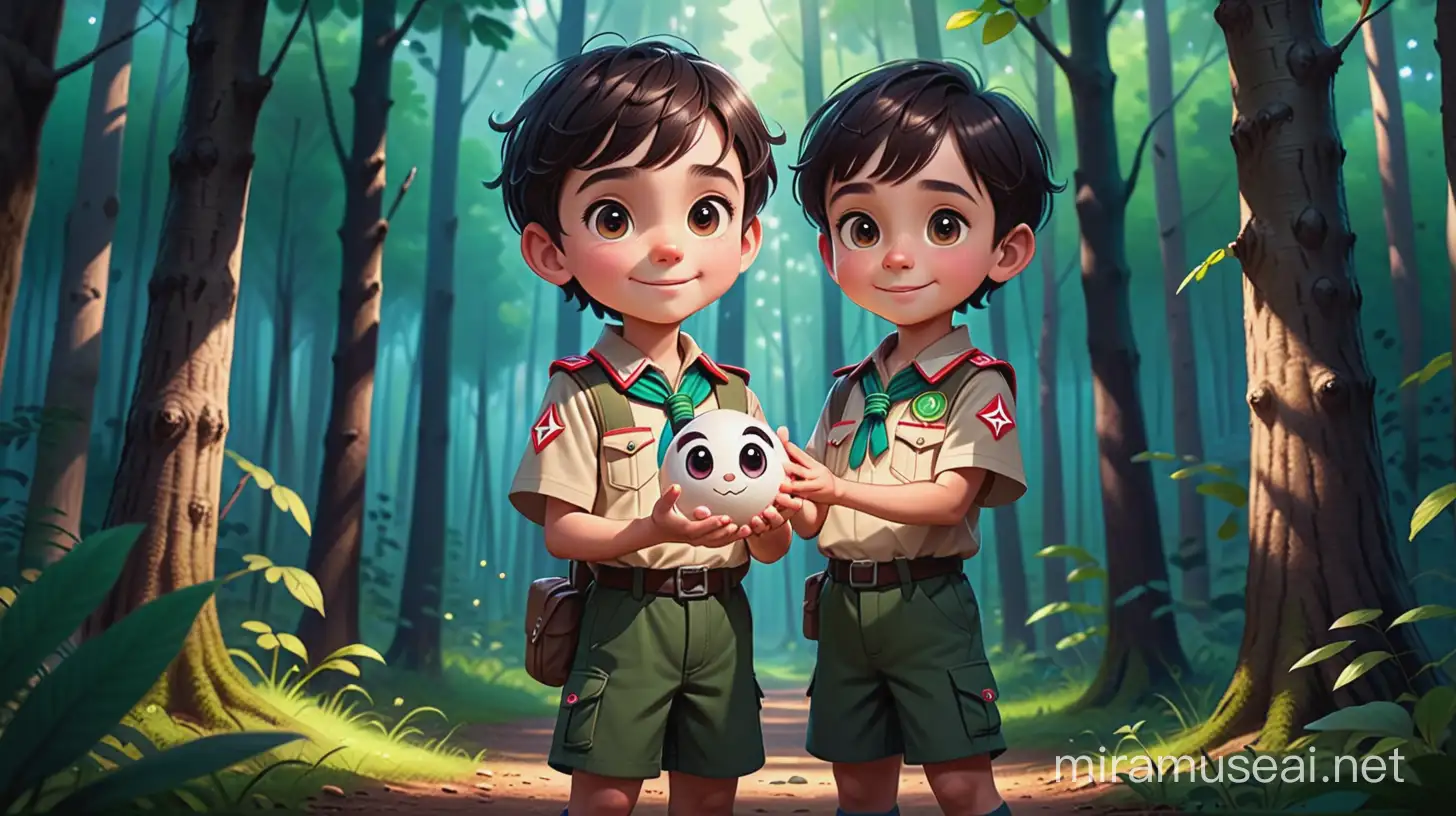 a happy male kid have 11 years old , have a dark brown hair , big dark black eyes, round face , light skin , scout uniform, show the full body of him, make him holding a five of magic small balls in forest. cartoon type .
