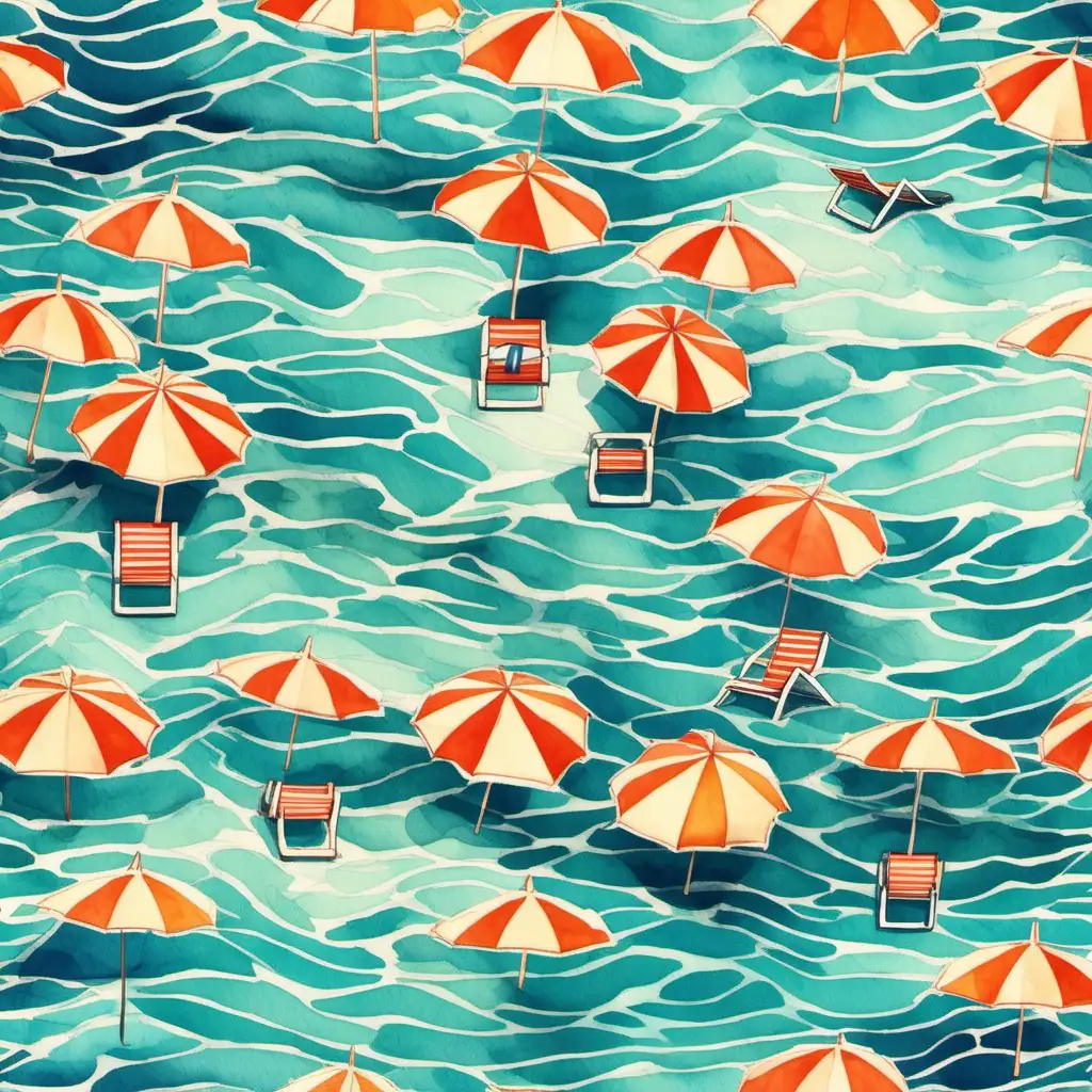 Abstract Top View Illustration Beach Umbrellas and Sunbeds on Watercolor Sea Pattern