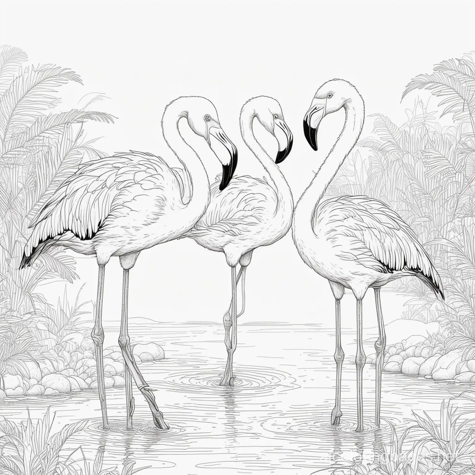 Flamingo flock




, Coloring Page, black and white, line art, white background, Simplicity, Ample White Space. The background of the coloring page is plain white to make it easy for young children to color within the lines. The outlines of all the subjects are easy to distinguish, making it simple for kids to color without too much difficulty