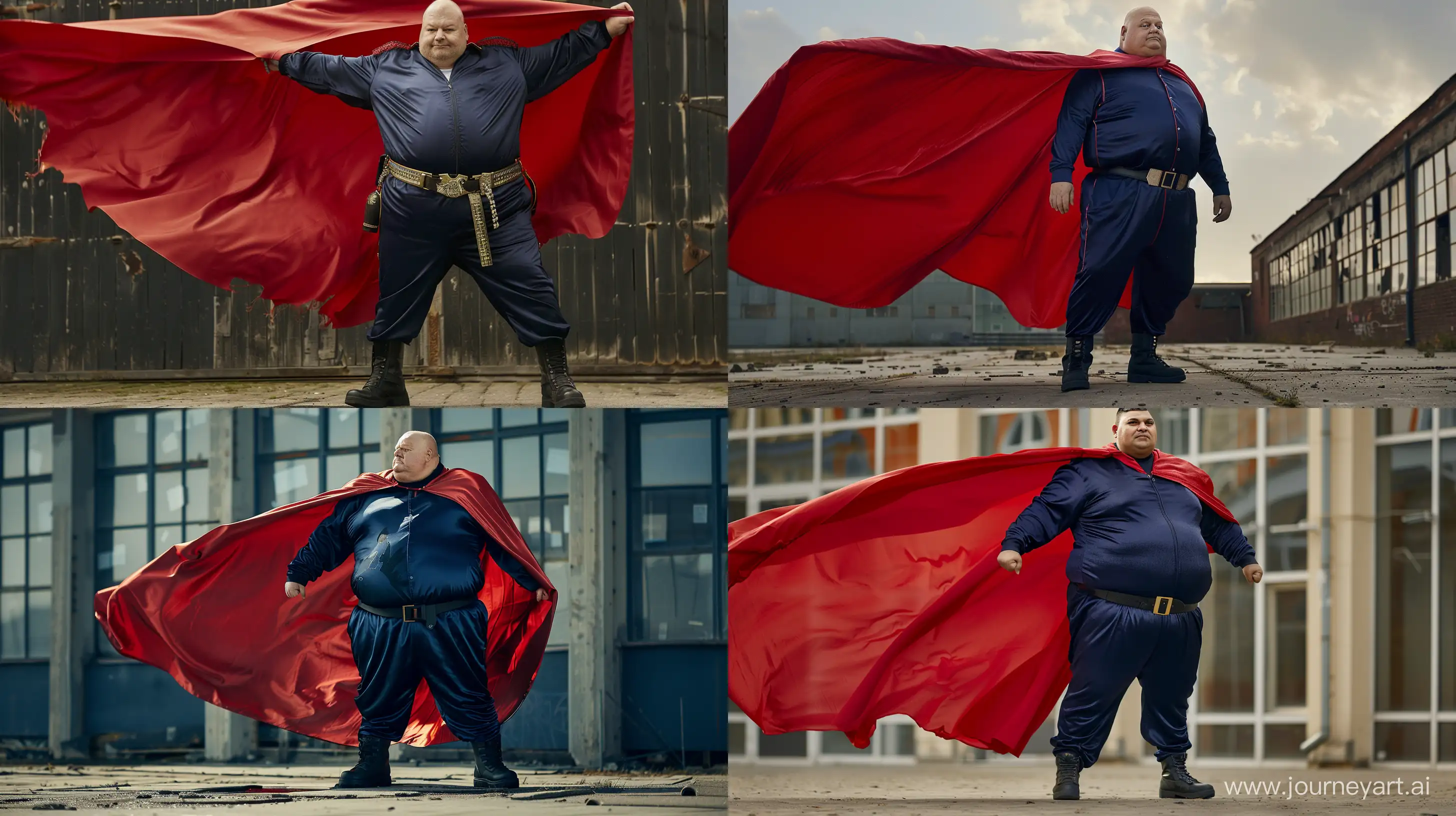 Front view photo of a fat man aged 60 wearing silk navy royal tracksuit. Large red cape. Black tactical boots and belt. Outside. --style raw --ar 16:9
