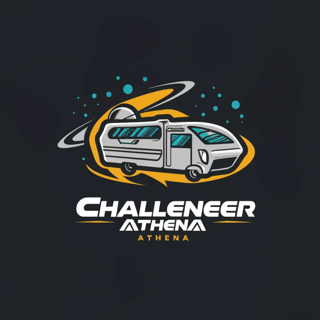 a logo design,with the text "Challenger Athena", main symbol:a recreational vehicle in outer space, televisions are floating around the recreational vehicle,complex,be used in Travel industry,clear background