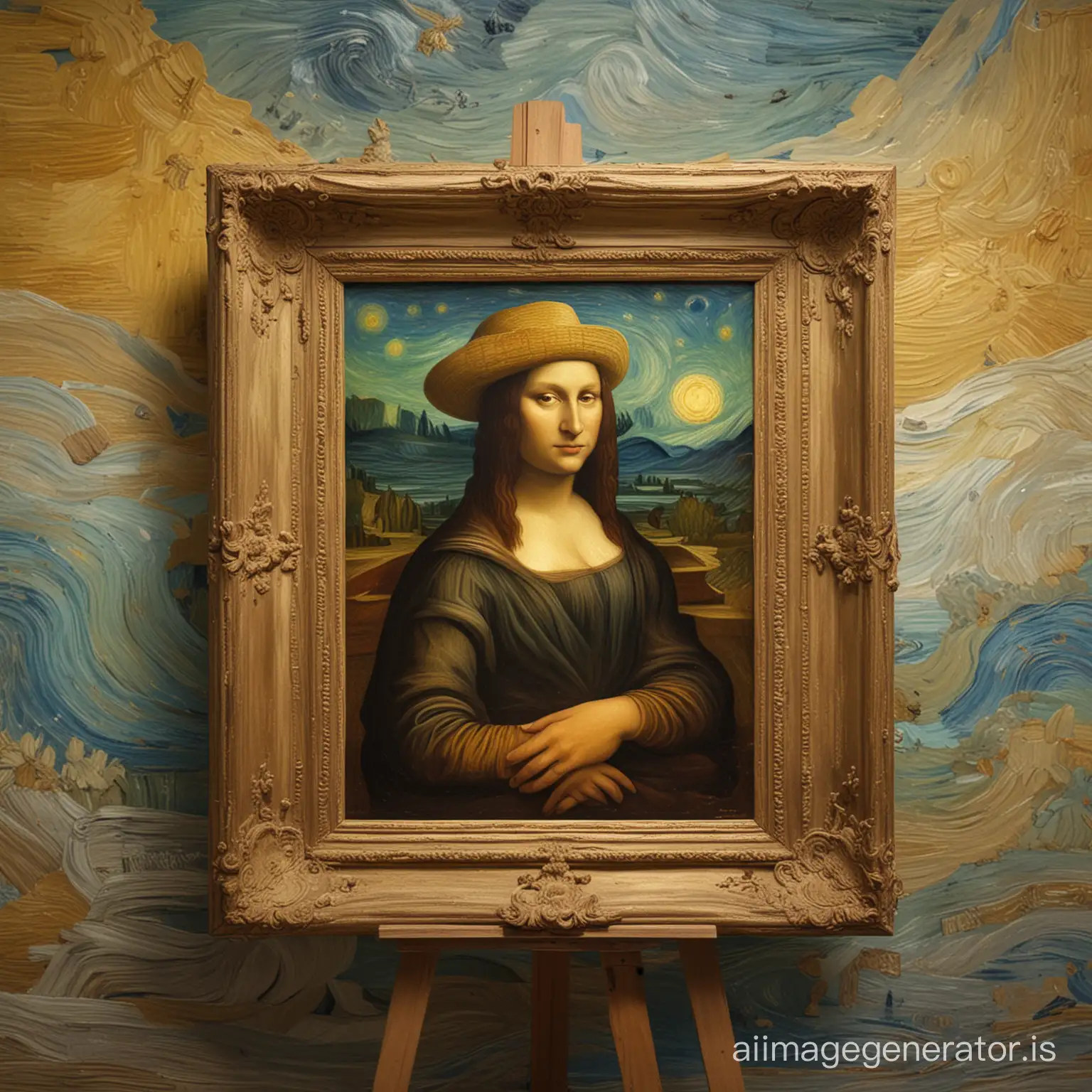 A surreal and imaginative scene where the enigmatic Mona Lisa, with a gentle smile, is painting a portrait of the famed artist Vincent van Gogh. Van Gogh, wearing his iconic hat and brush in hand, sits patiently as if posing for his own masterpiece. The backdrop features swirling, dreamlike colors and shapes, reminiscent of van Gogh's stellar works. The atmosphere of this otherworldly moment fuses history and art, capturing the essence of creativity and artistic genius.sm
