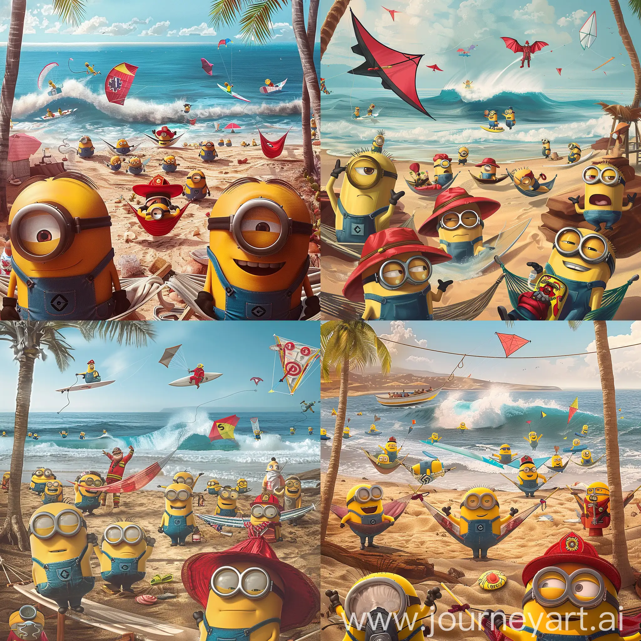 Generate an image description: A beach scene with the ocean in the background, where minions from the movie are relaxing on the beach. Some are lounging in hammocks, others are flying kites, and one minion (dressed as a firefighter) is surfing a wave on a surfboard. In the foreground, two minions stand out - one is wearing a red panama hat, and the other is wearing a medical mask