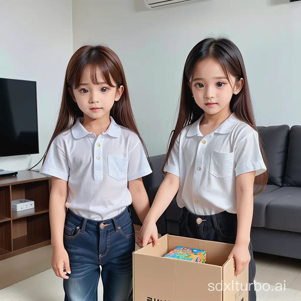 a five years old boy, with Jung Kook face,, with a 5 years old girl with Jisoo face, long hair, beutiful, white shirt and jeans, in a room, they play with  a small box of  machine, only 2 person in the room, center frame
only 2 person in the room
