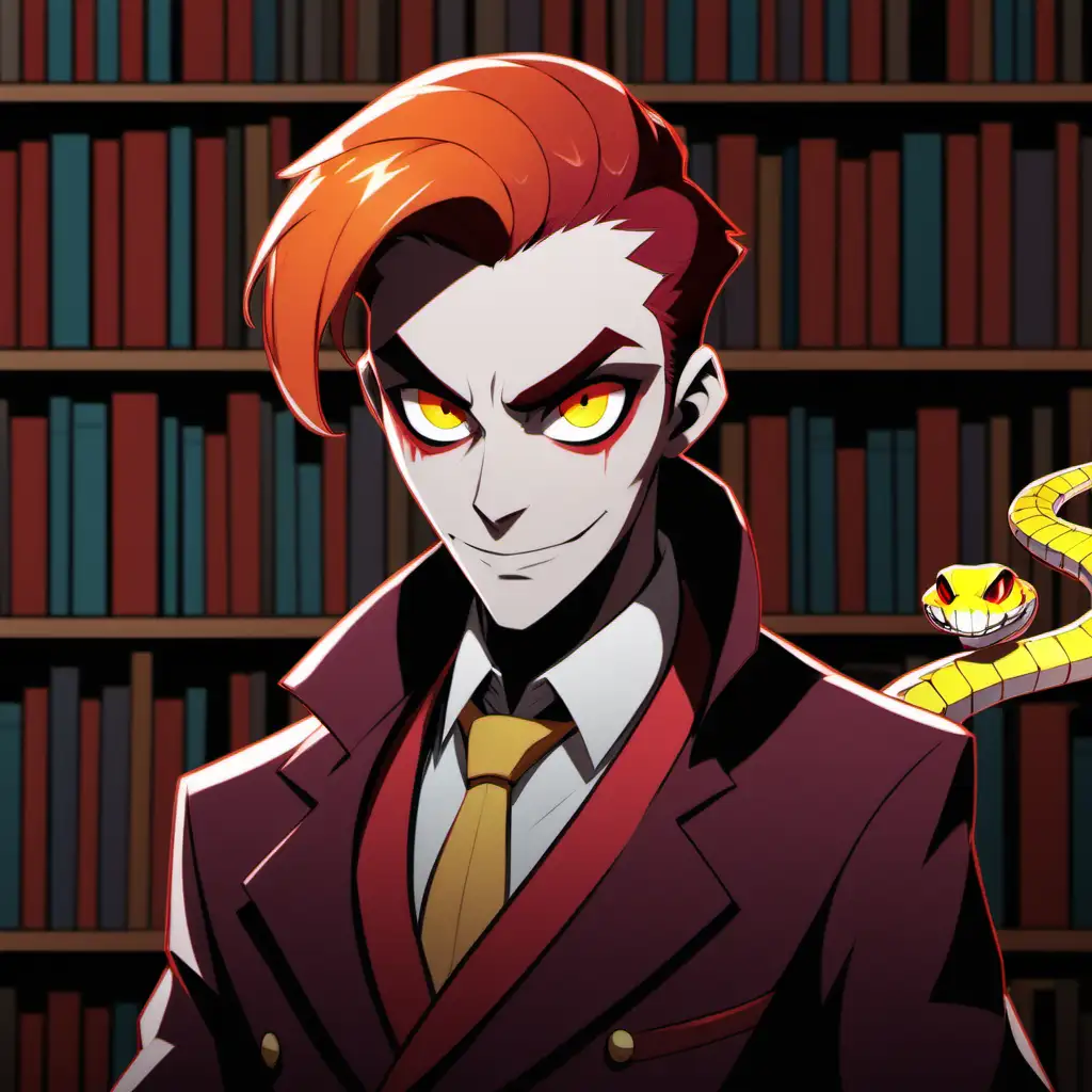 young adult male hazbin hotel style character with golden snake-like eyes and slicked back red/orange hair in a library