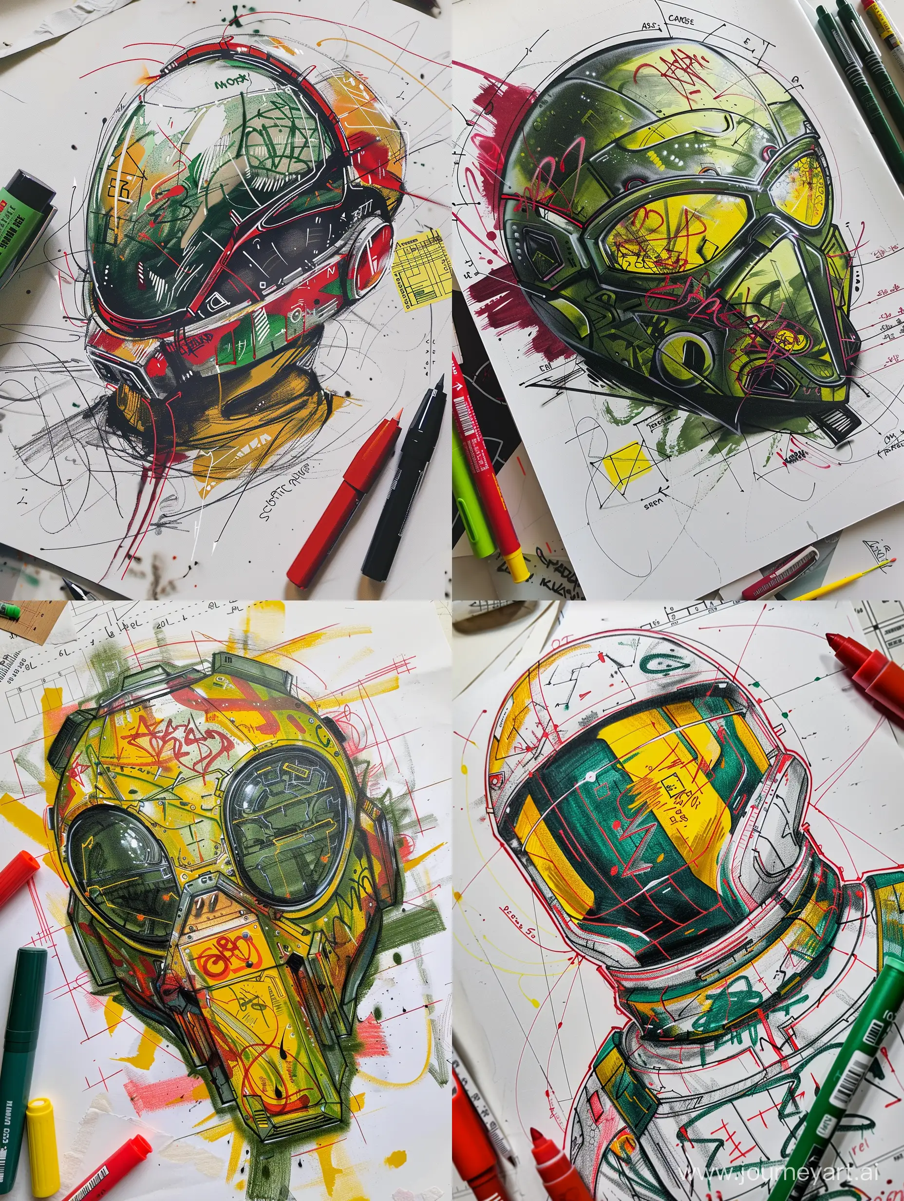Sketch of Scifi mask device for astronauts covered with graffiti sleek design strong contours green and red marker yellow with measurements notes random highly detailed on paper background sref sketch technological highly detailed vibrant 
