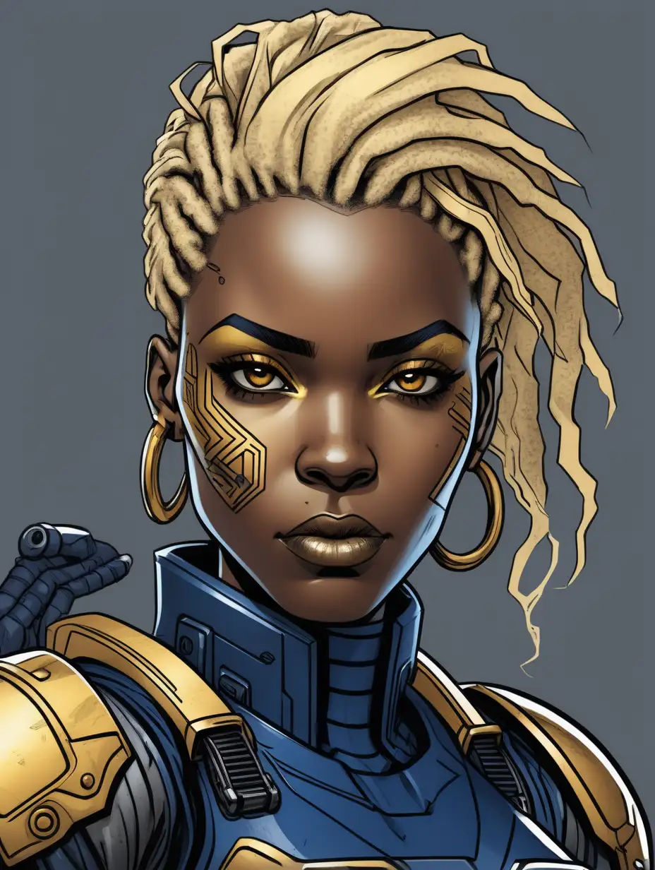 inked comic book art style. Close up portrait. african woman with blond hair. cyberpunk. Wearing navy blue and gold power armor. Grey background.