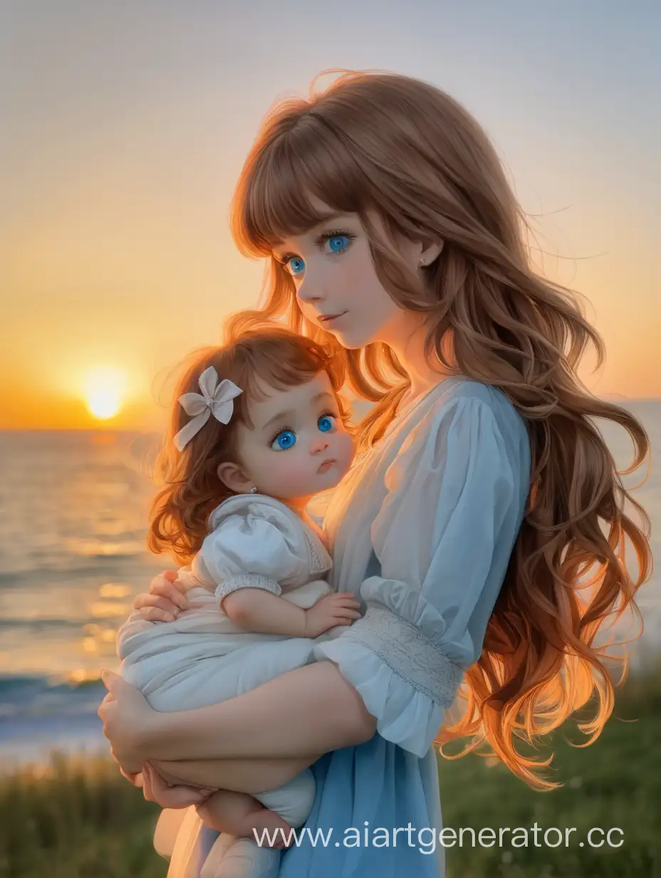 девушка с каштановым волосами, с голубыми глазами 
держит на руках младенца девочку и смотрит на закат