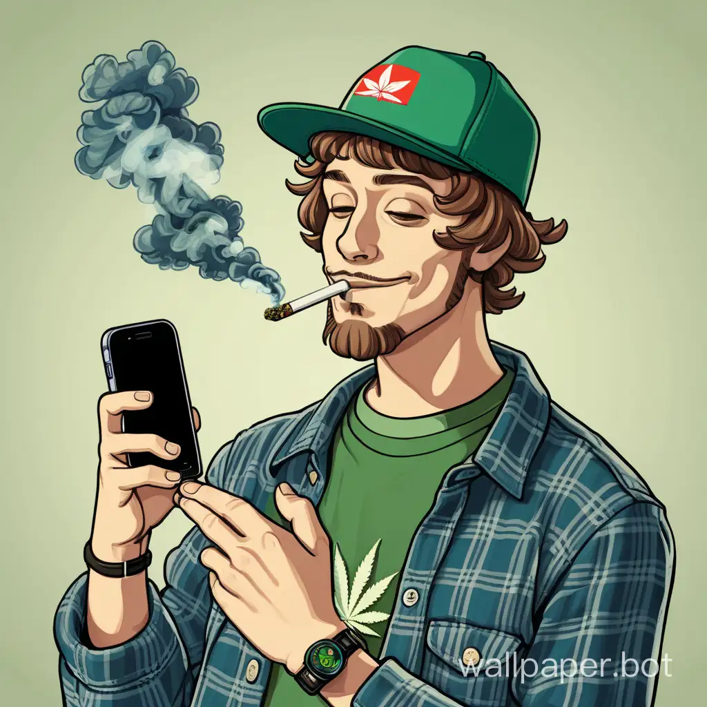 Stoner holding a phone smoking weed