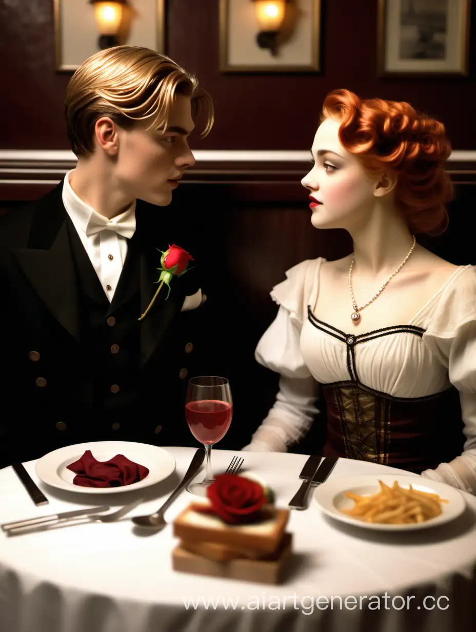 Влюбленные Роза и Джек из Титаника посещают ресторан. В стиле реалистичной фотографии