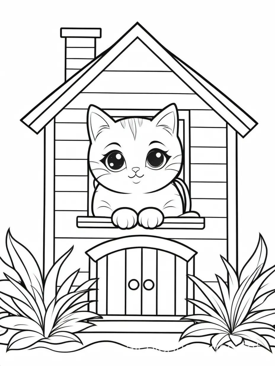Cute cat in a house , Coloring Page, black and white, line art, white background, Simplicity, Ample White Space. The background of the coloring page is plain white to make it easy for young children to color within the lines. The outlines of all the subjects are easy to distinguish, making it simple for kids to color without too much difficulty