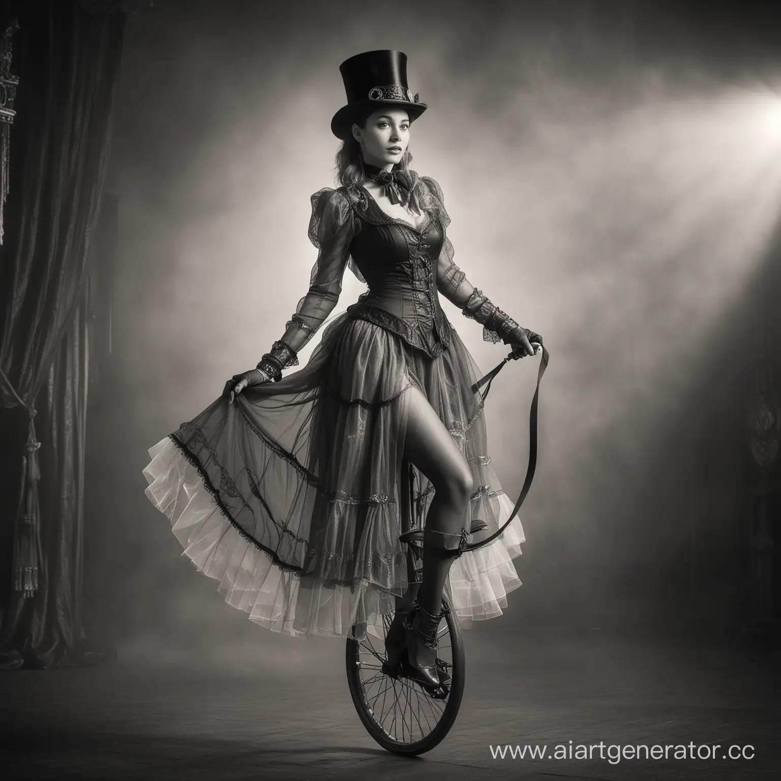 European woman in silk stockings on her belt. In a long luxurious transparent dress.Cam.She rides on monocikl in steampank stile. She has fashionable hat. All against the background on cirkus aren. The end of the 19th century. One universal light source. Fog. Everything is in style of vintage black and white photos.