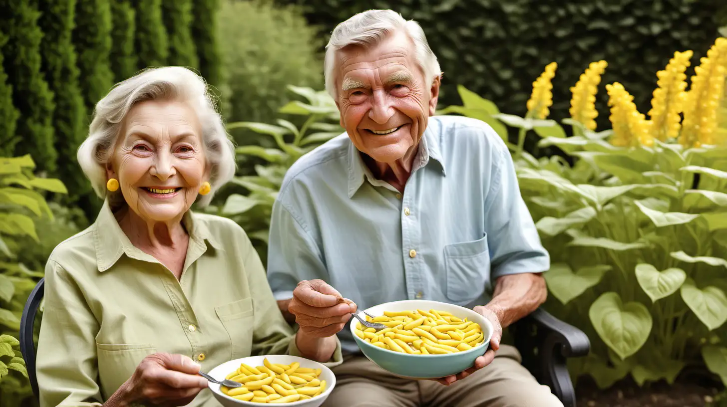 Elderly American Couple Enjoying Serenity in Vibrant Garden Setting with Yellow Bean Offering