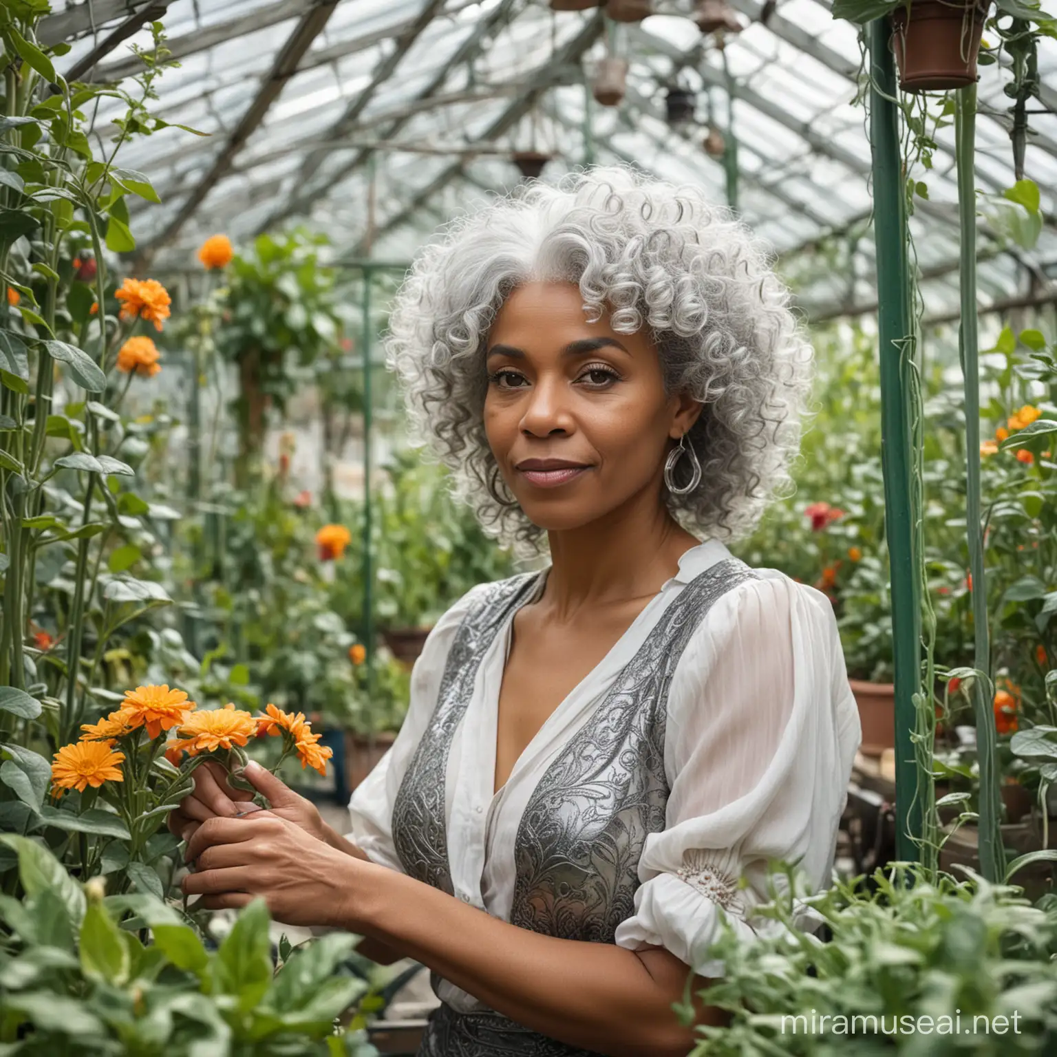art nouveau style, older beautiful black woman with silver curly hair, working in garden greenhouse, magical world, hopeful, bright and colorful 