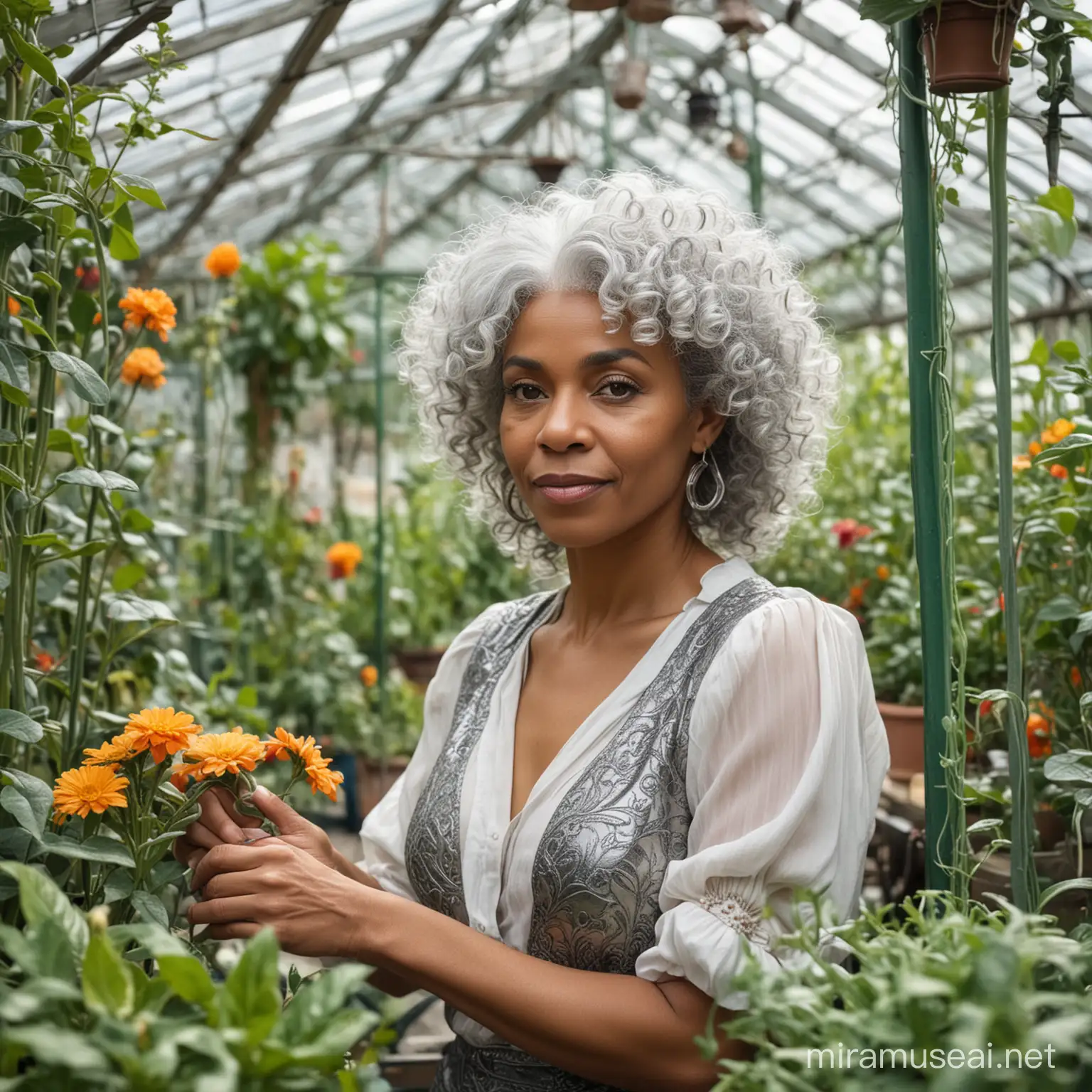 Elegant Elderly Woman Tending to Enchanted Greenhouse Garden