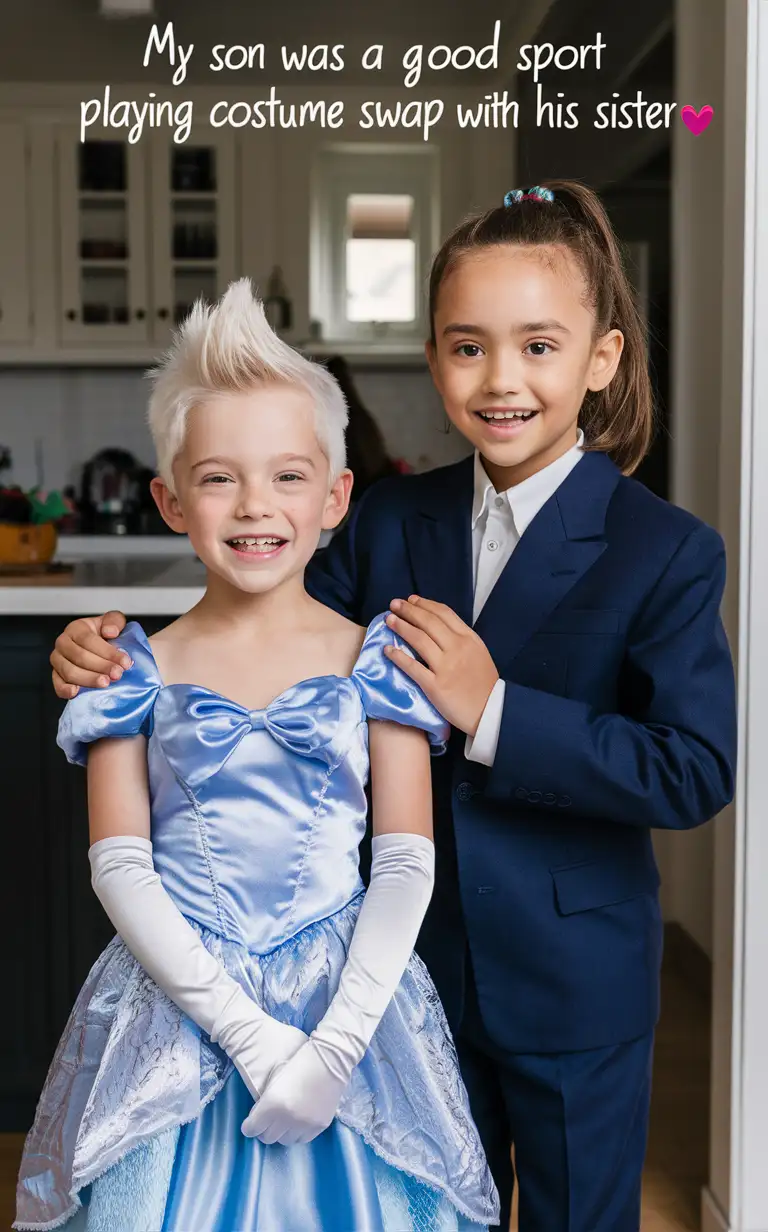 (((Gender role reversal))), colourful Photograph of two little white-skinned children, a cute 7-year-old boy with short smart spiky hair, and his sister a 8-year-old girl with long hair in a ponytail getting ready in their kitchen, the boy is wearing a silky blue Cinderella Disney Princess dress and white silky long gloves, the girl is wearing a Prince Charming suit, adorable, clear faces, perfect faces, perfect eyes, perfect noses, the photograph is captioned “My son was a good sport playing costume swap with his sister 😭😭😭”