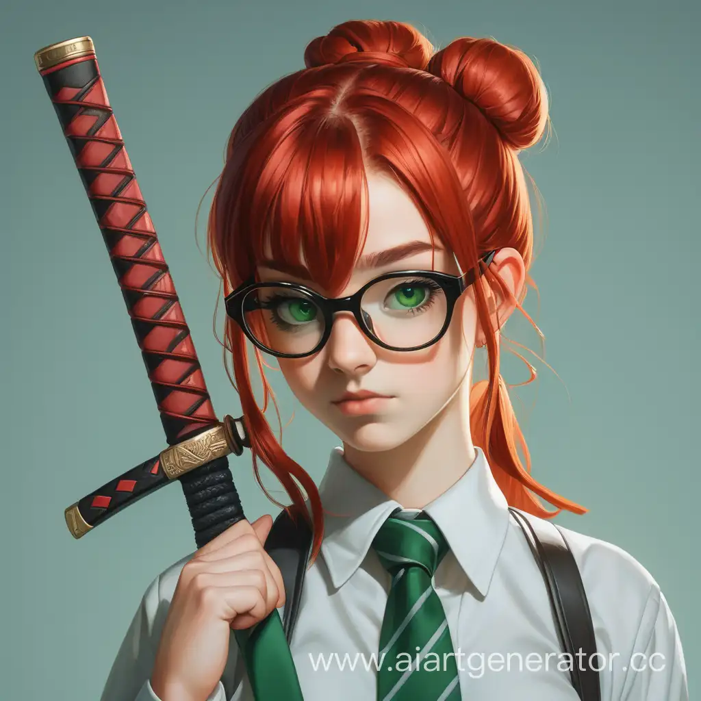 девушка в очках и галстуке с рыжими волосами и пучком с катаной и зелеными глазами