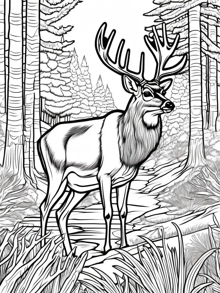 coloring page, mule deer in the wildlife scene, forest, high detail, thick line, no shading