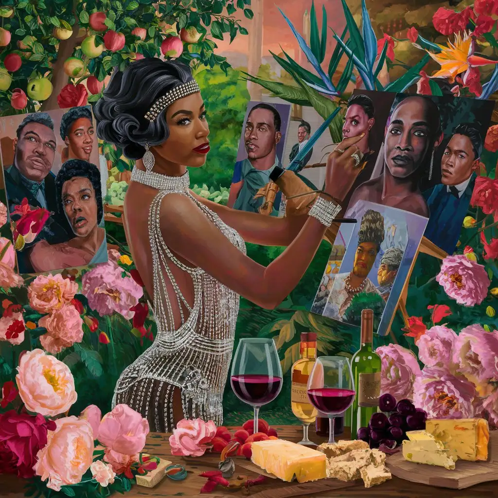 AFRICAN AMERICAN DARK SKIN LADY WEARING A CRYSTAL  GREAT GATSBY DRESS painting A PORTAIT OF BLACK PEOPLE out in the garden filled with APPLE TREES, roses and peonies and bird of paradise and all types of beautiful wine and cheese