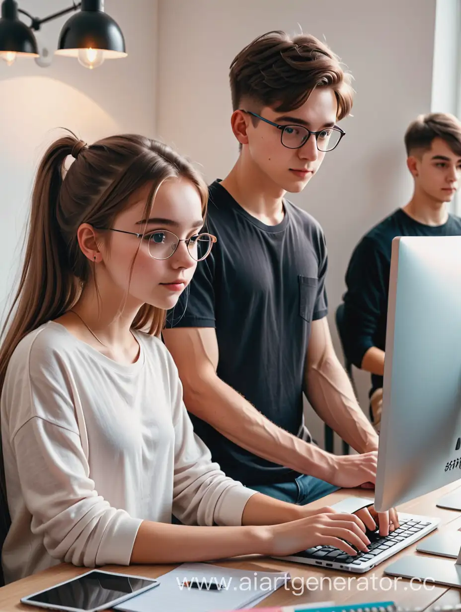 A guy and a teenage girl are freelancers working at a computer
