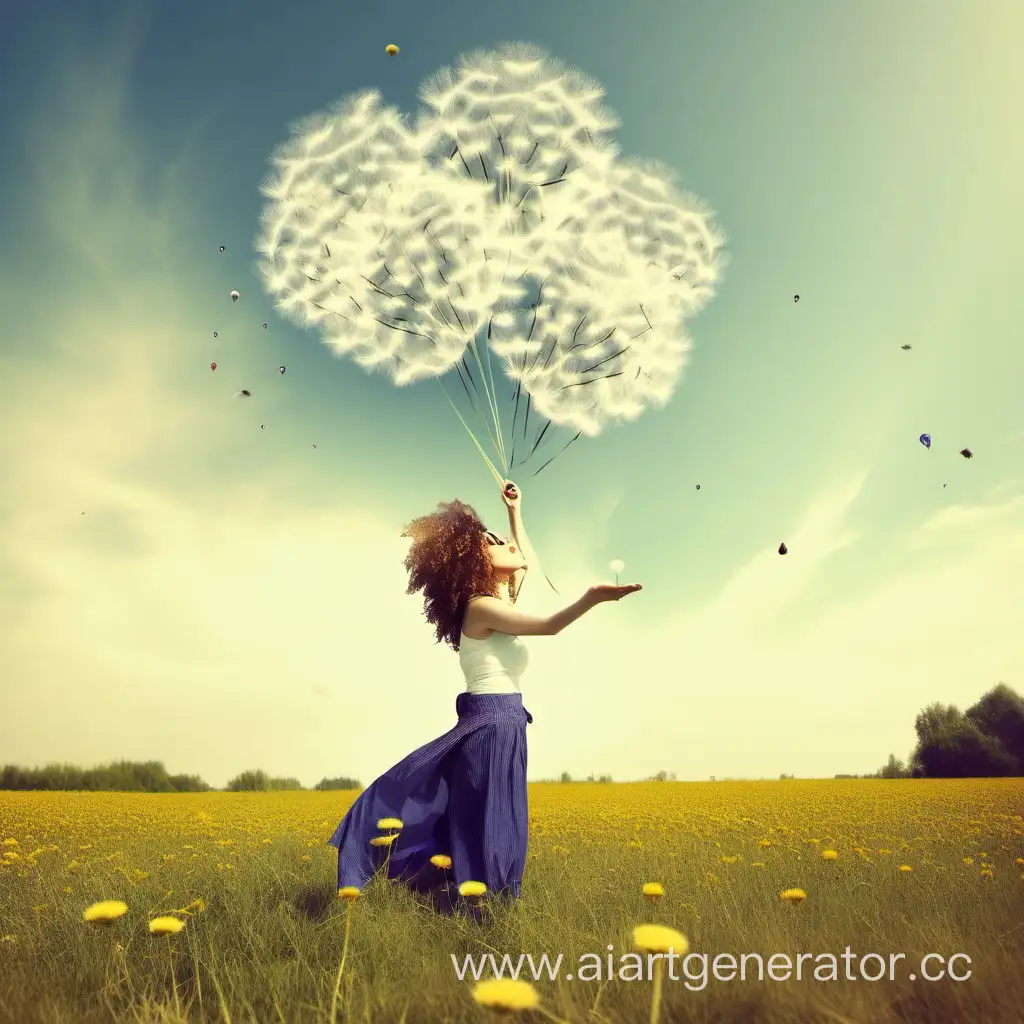 Carefree-Woman-with-Curly-Hair-Blowing-Dandelion-Surrounded-by-Floating-Air-Balloons