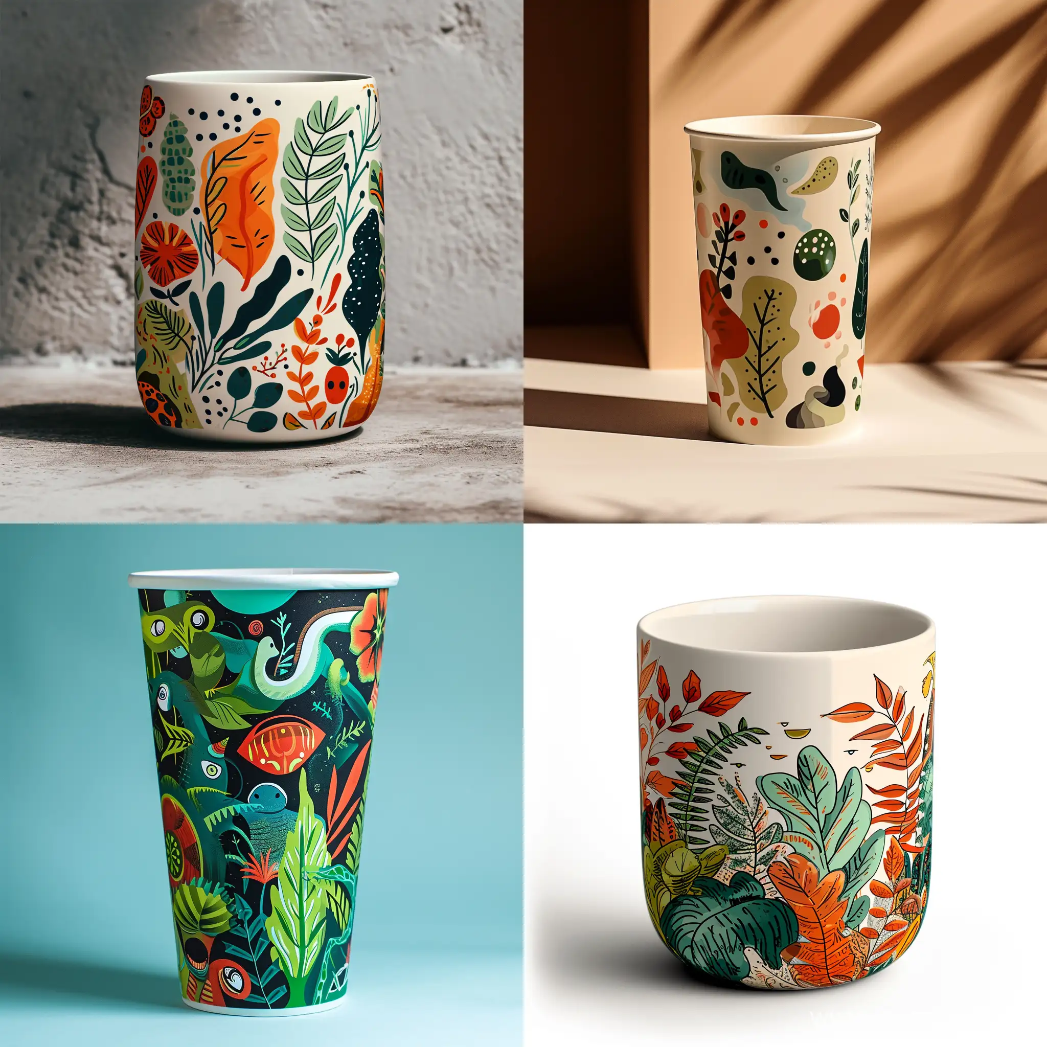 500 ml coffee cup with art on the theme of coffee, plants, aliens, illustration style