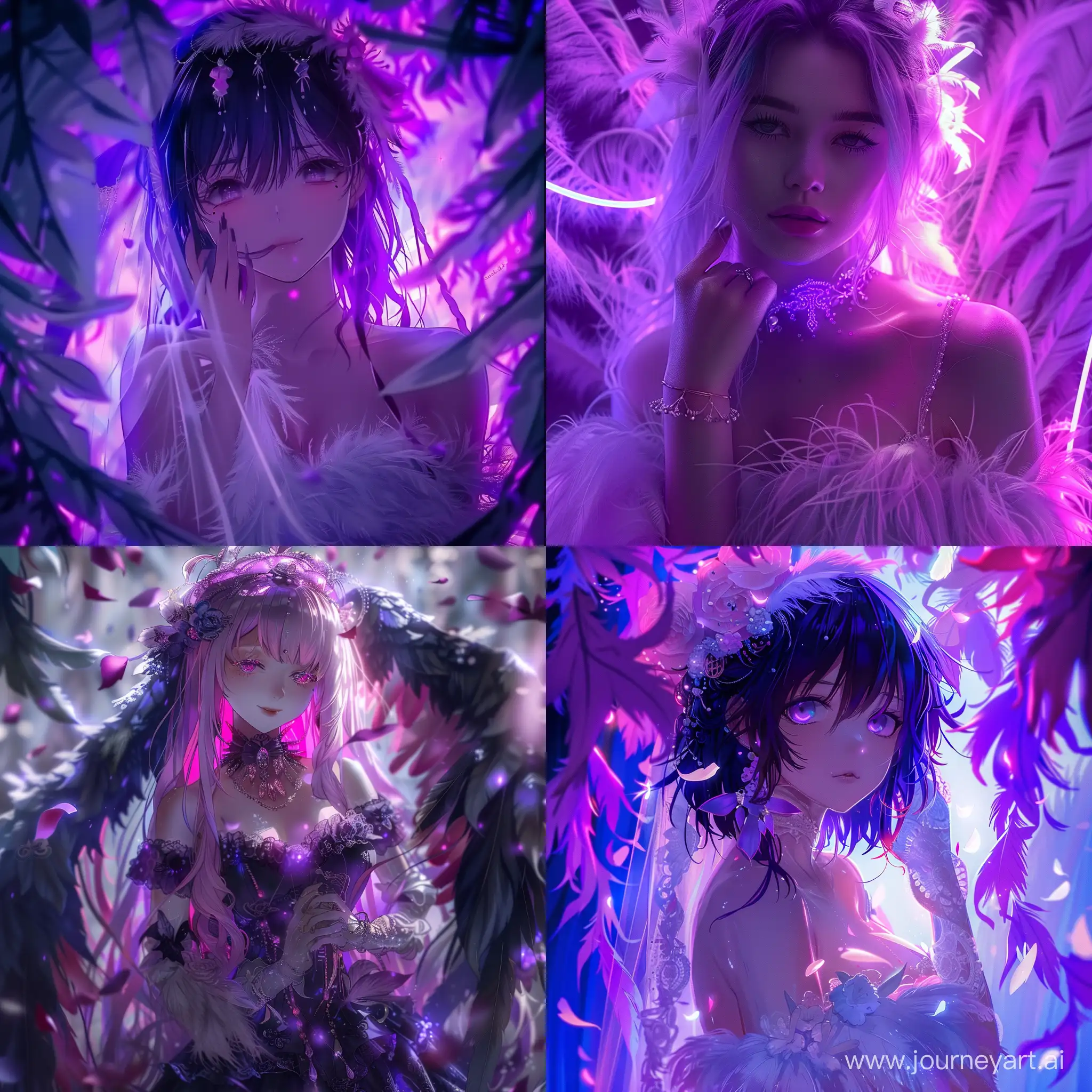 Wedding, Anime queen tenderness , excellence , purple neon , feathers , silk