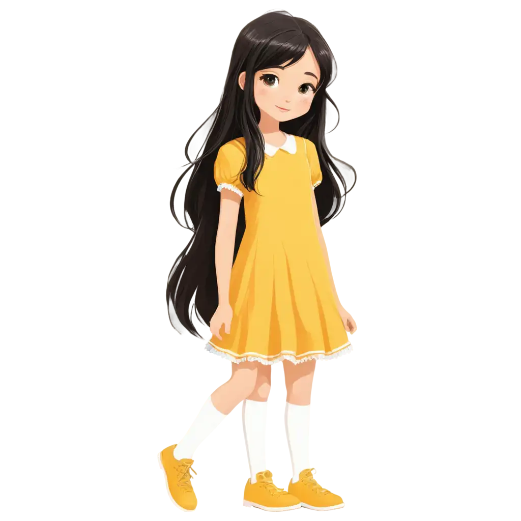 vector image, a cute character of little girl with white skin, big hazel eyes and long black hair. She is wearing a yellow dress. Add white tall socks. 