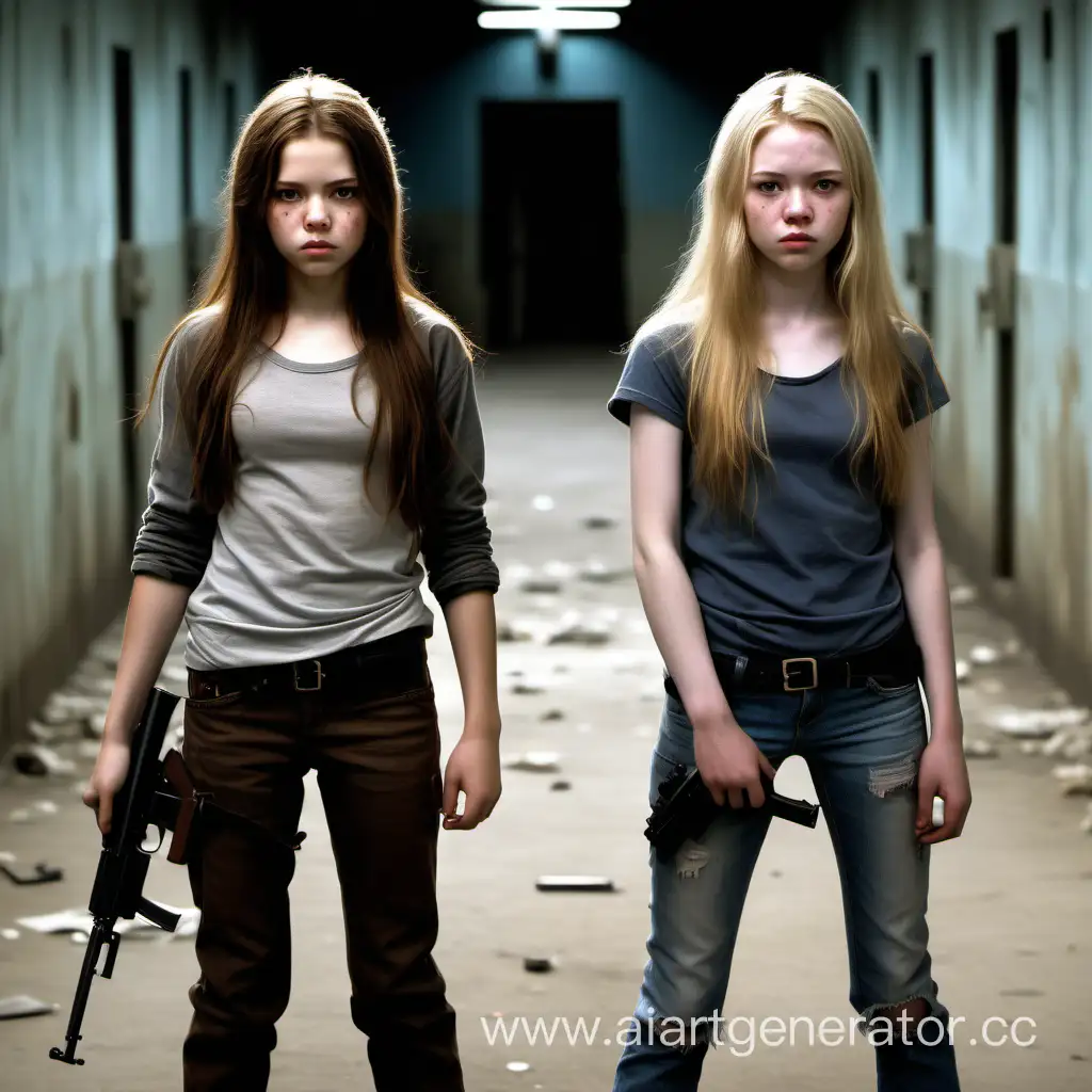 Create a picture of this scene: 
Sofia and Lydia stand back to back, guns raised ready to fight their way out of the prison.

Sofia (Sof) - a 14-year-old girl with a youthful, innocent face, dressed in ragged clothes. pale skin, long blonde hair

Lydia - an 18-year-old woman, who looks mature for her age and is in ragged clothes. With long brown hair, pale skin, and freckles