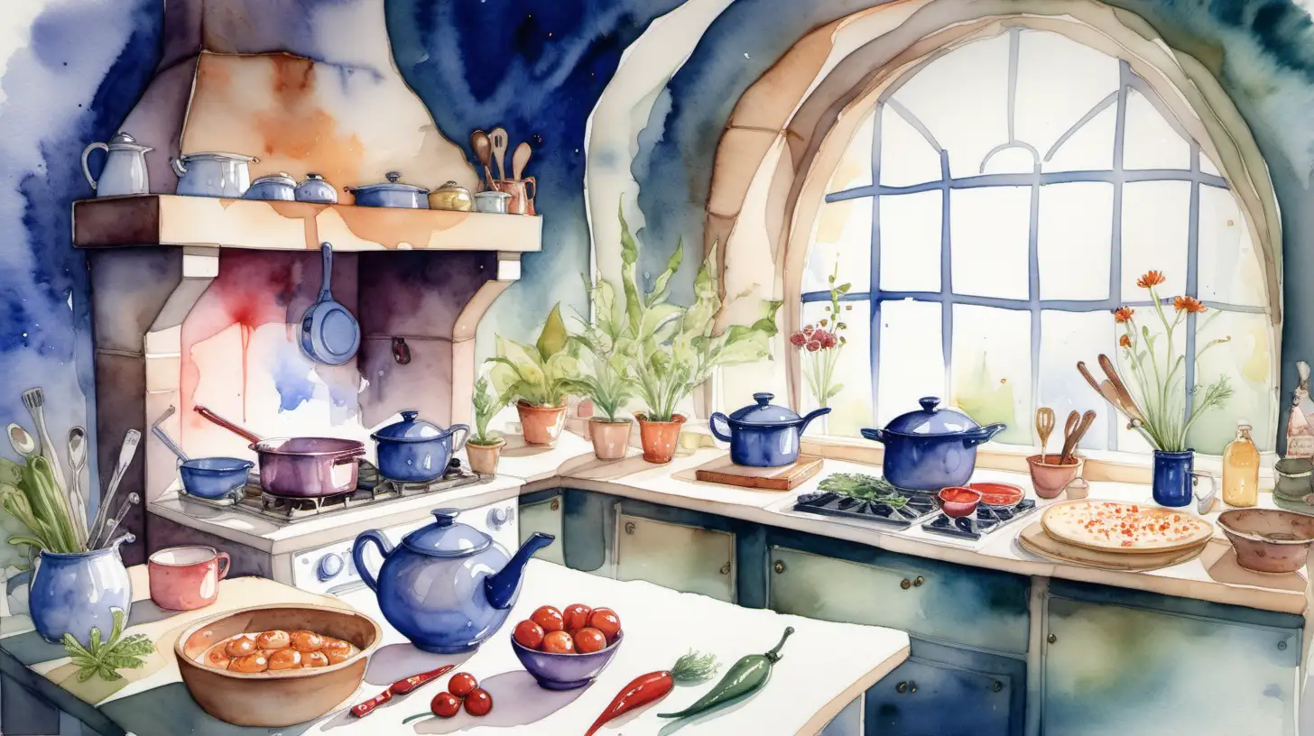 A watercolour painting of cooking in a fairy kitchen

