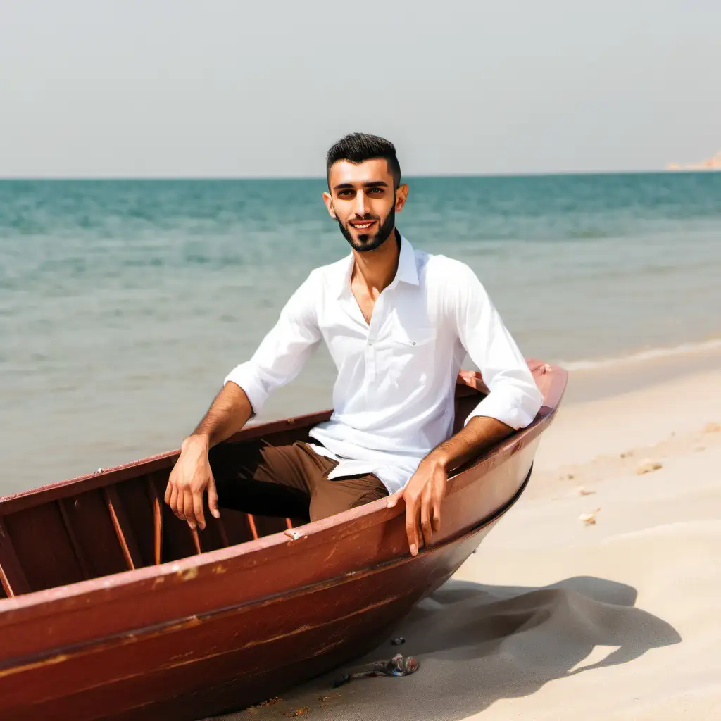 Hanndsome brown and skiny arabic man in the boat on the marine beach