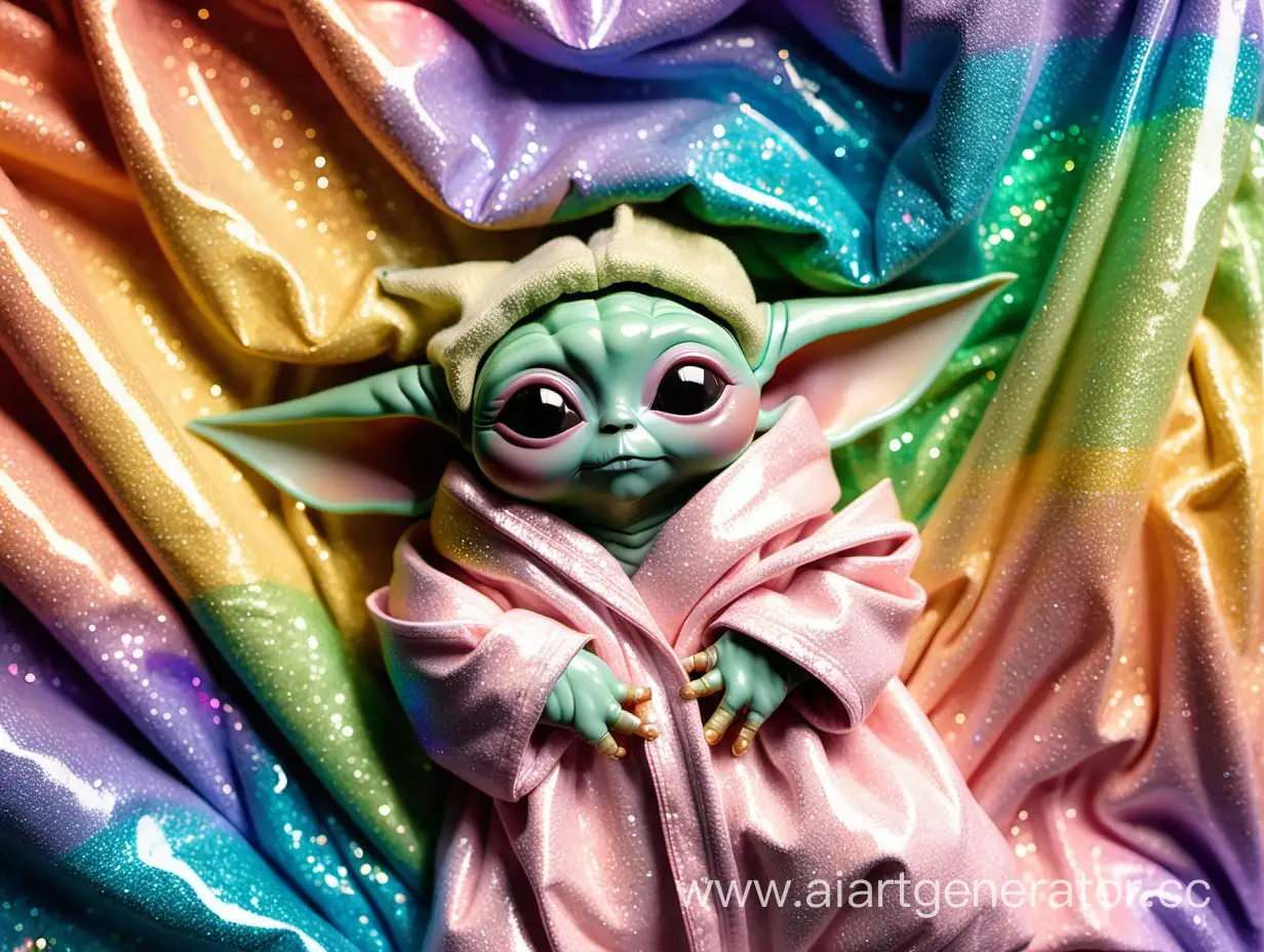 my love rainbowpastel babyyoda wrapped up in a rainbow glitter comforter