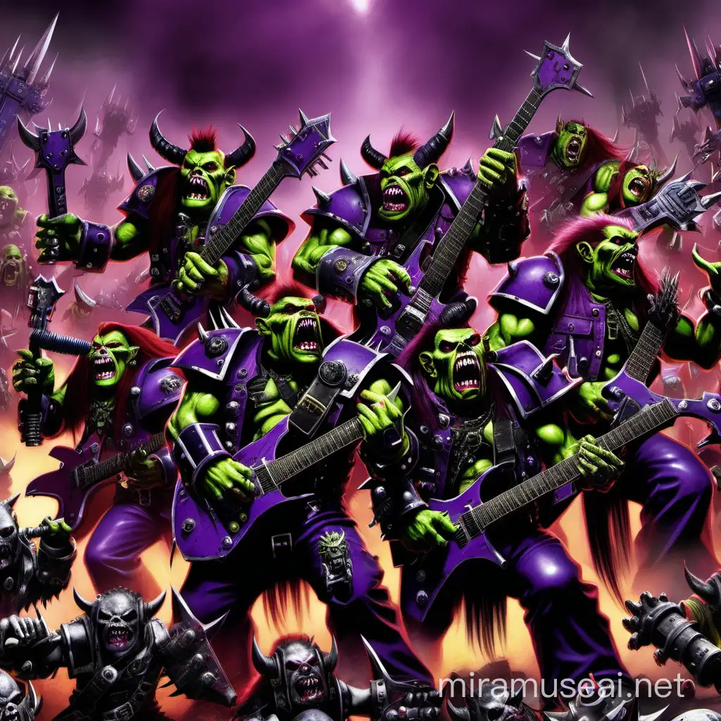a group of warhammer 40k orks rocking out in a heavy metal band. lots of orks in purple and black armour