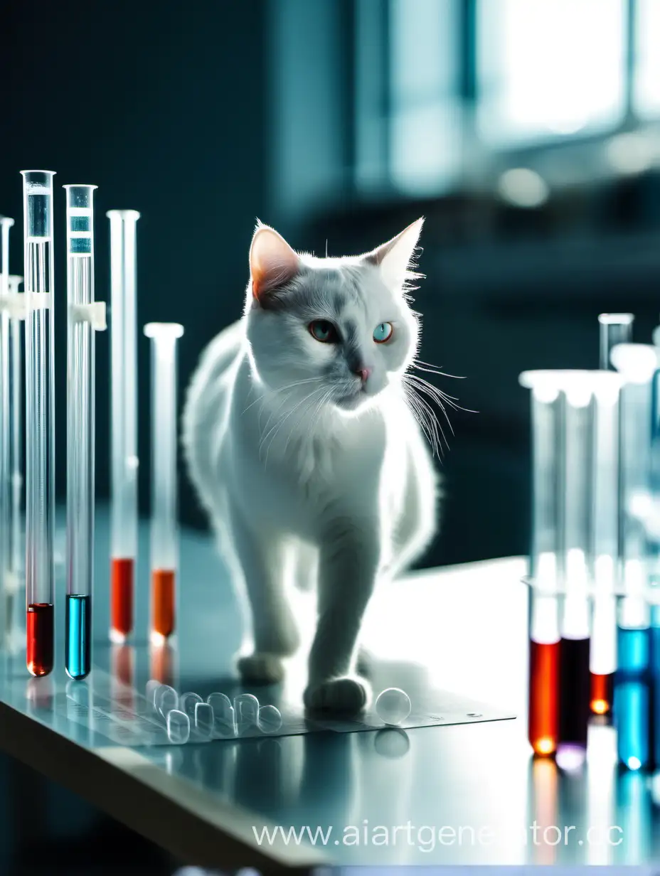 Белый кот на столе  ходит столе между пробирок и реактивов в лаборатории