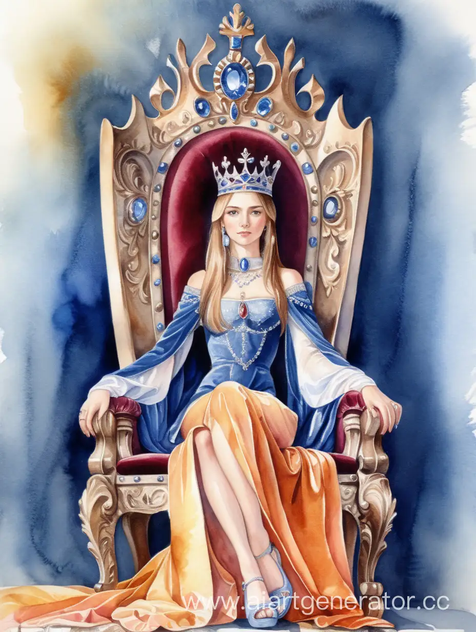 Slavic-Girl-Sitting-on-Royal-Throne-in-Watercolor-Portrait