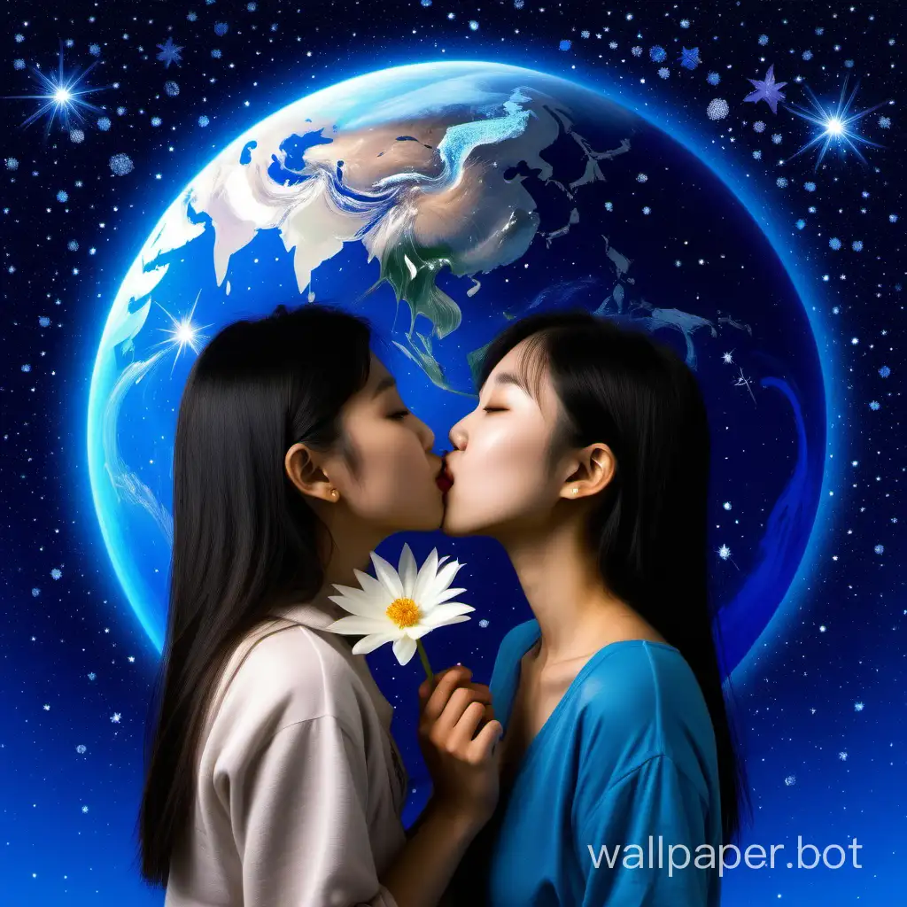 Asian girl Kissing a flower in a blue Planet with Stars in background