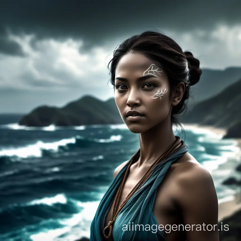 In this image, we see a realistic and enchanting woman serving as an avatar. Her face exudes natural beauty and expressiveness, with subtle details that add depth and personality. Her gaze is filled with curiosity and self-assurance, reflecting inner strength and determination. In the background stretches a wide ocean, symbolizing potential, freedom, and infinity. This scene not only captures the beauty of the feminine nature but also suggests inner strength and a connection with nature.