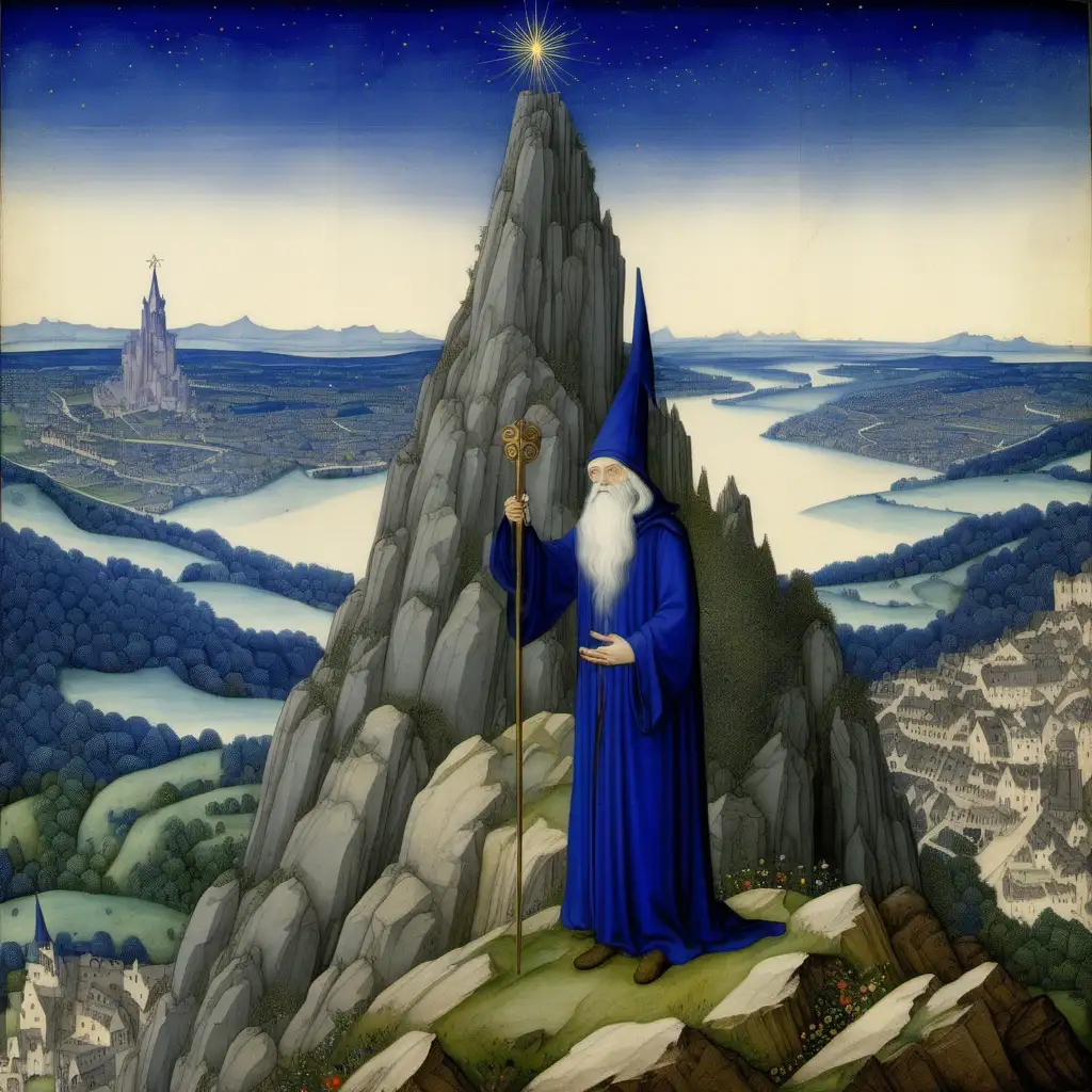 limbourg brothers painting depicting a wizard at the peak of a mountain