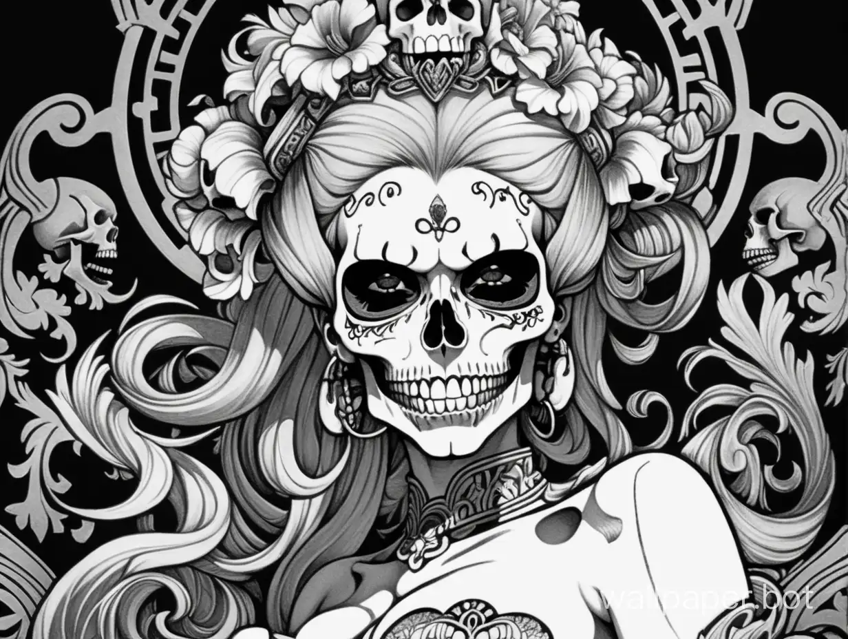 skull venus odalisque, front head , sexy crazy face, open mouth with tongue, chaos ornamental, explosive hair, darkness, assimetrical, chinese poster, torn poster edge, alphonse mucha hiperdetailed, highcontrast, black white Amaranth gray, explosive dripping  colors, sticker art
