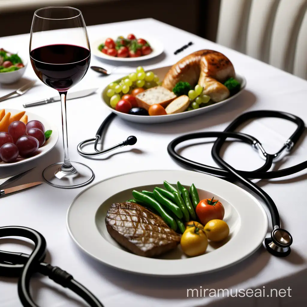 mesa servida con comida cena con un vino y a lado un estetoscopio de medico elegante, realista