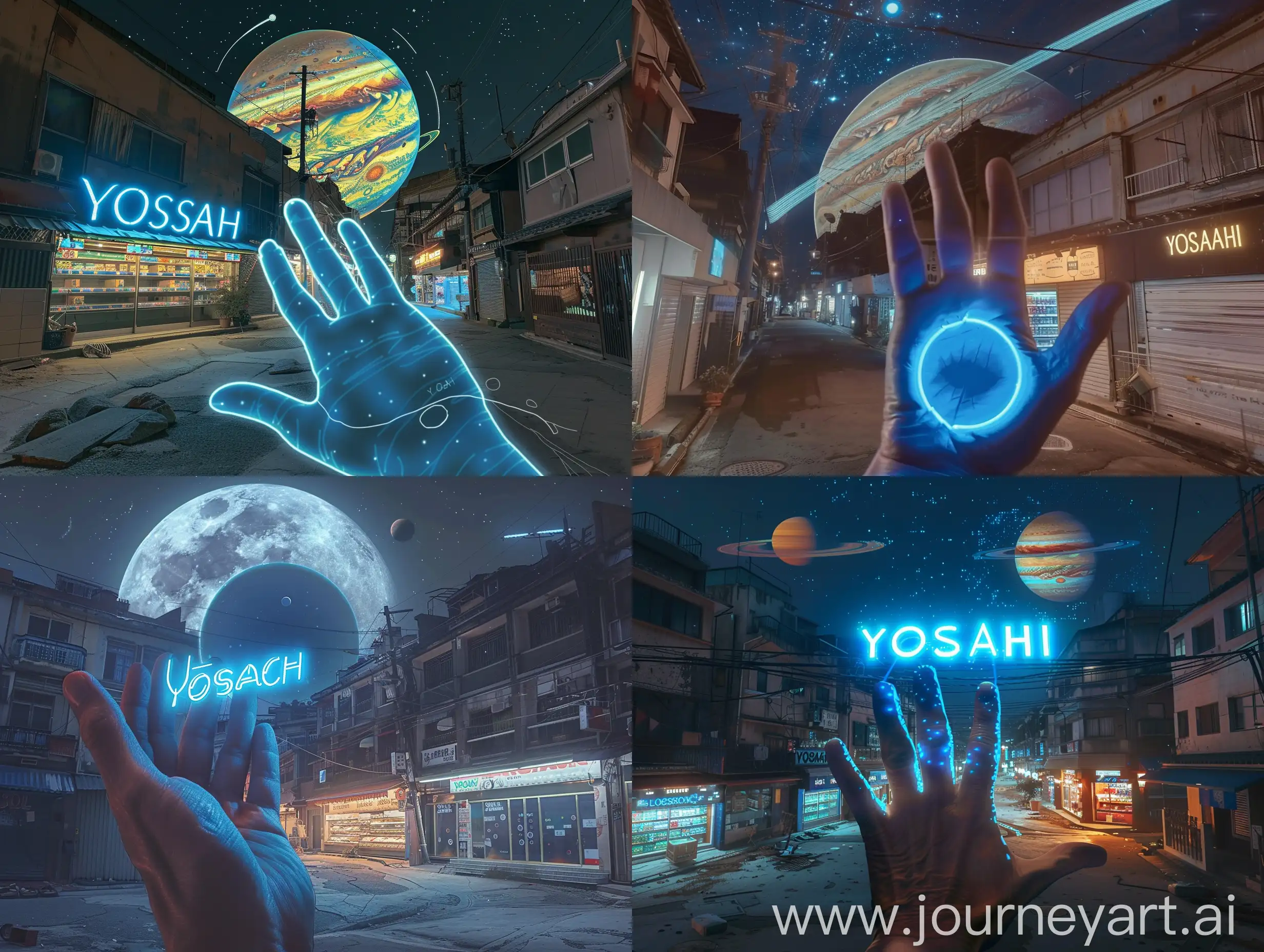 hA full picture of a supermarket called "YOSASHI" in blue neon at night in an old neighborhood and behind shows Jupiter as huge. Realistic. Real. Photo. looks through the hand and the crescent is seen through the hand --ar 4:3 --s 100 --style raw --v 6
