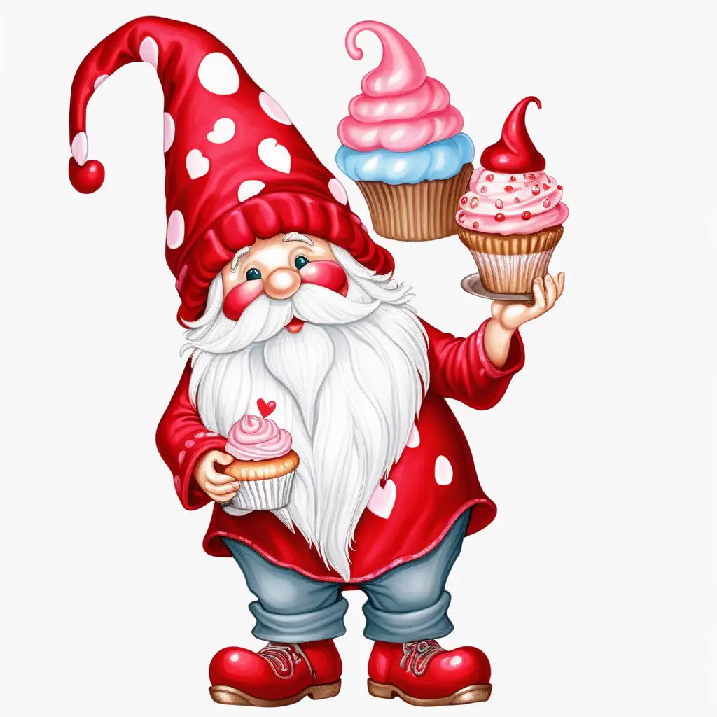 valentine fantasy, whimsical full body, one gnome short long beard, oversized valentine decorated hat covering their eyes, holding a cupcake ,clipart, white
background