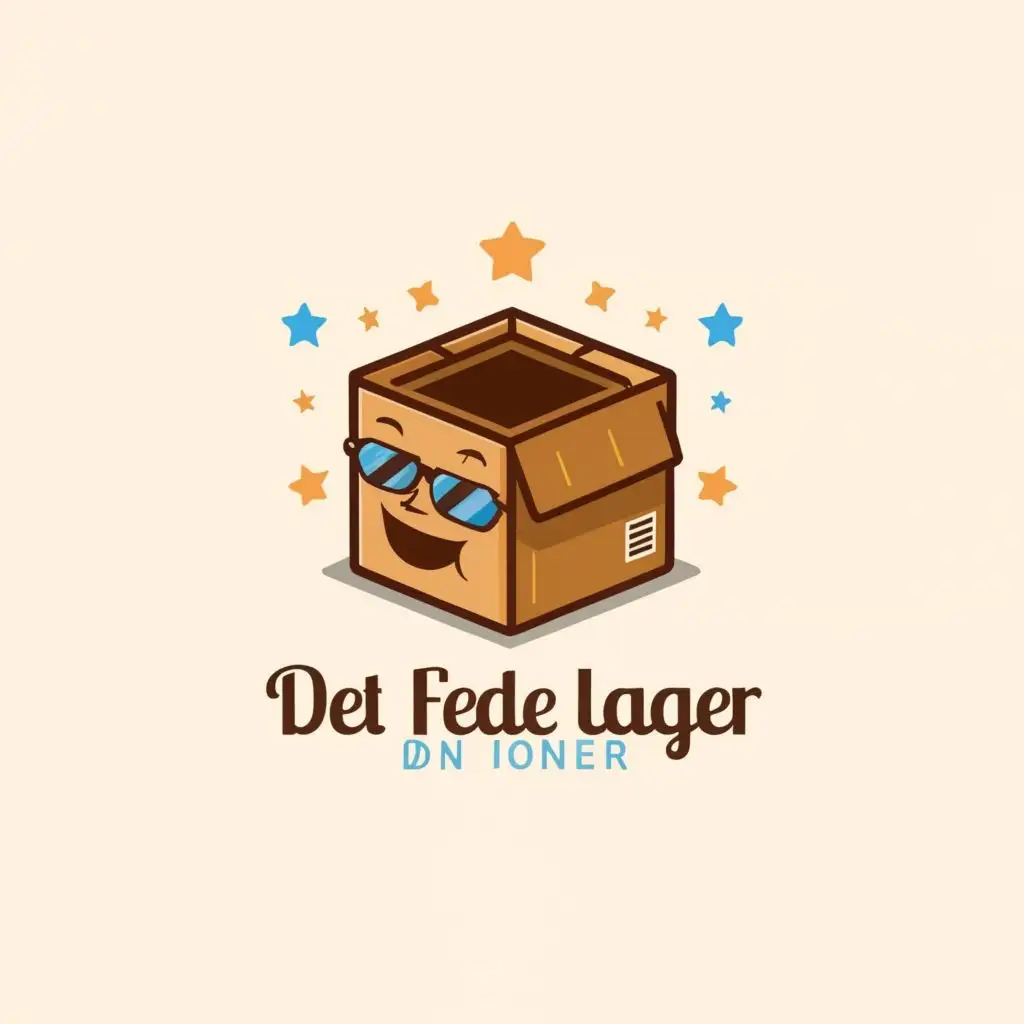 a logo design, with the text 'DET FEDE LAGER' in Danish as provided, main symbol: A cool cardboard shipping box, one face with sunglasses on one side of the box, stars spreading away from and around the symbol, logo name under symbol, Moderate, to be used in Internet industry, clear background