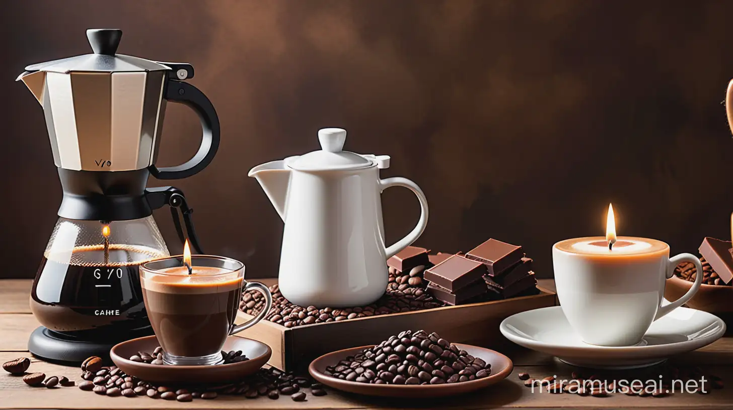 Cafe de especialidad estilo rústico, cafetera V60, granos de cafe, granos de cacao, chocolate selecto, cafe espresso, vela aromatica color cafe, 