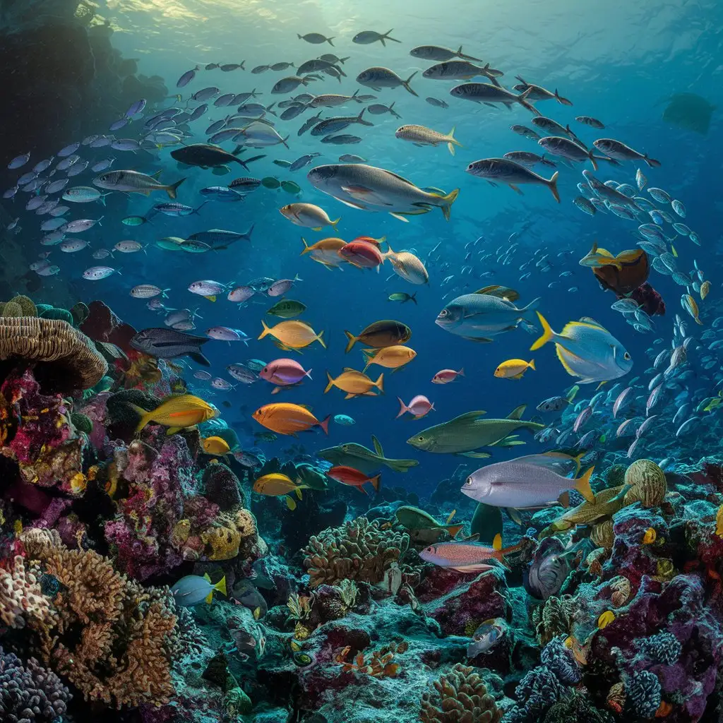 Coral reefs in the deep sea, harmonious coexistence of fish schools