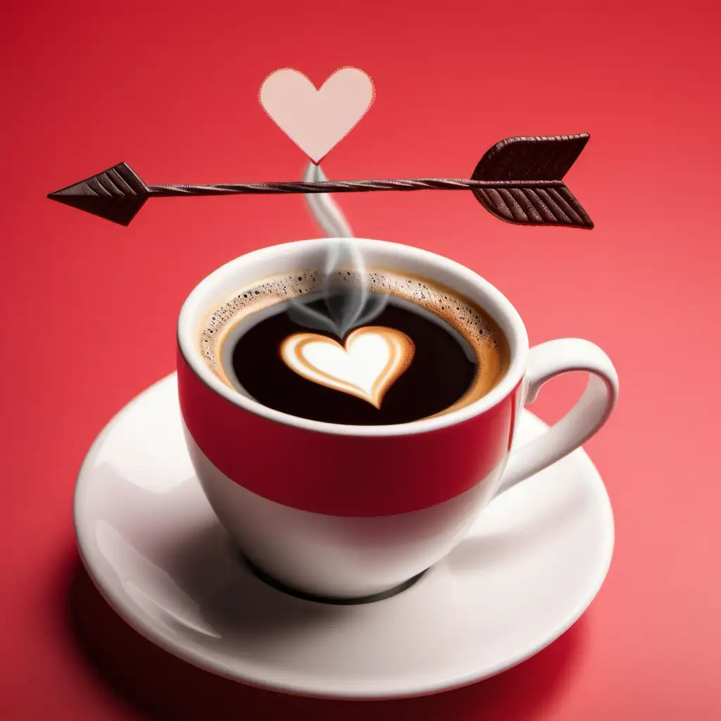 cupid's arrow hitting a cup of coffee on valentine's day