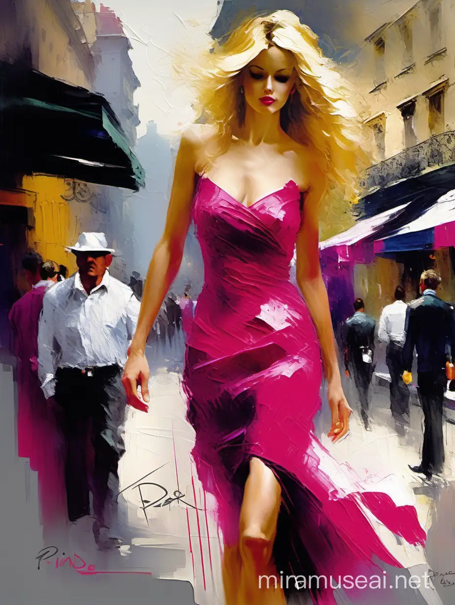 Loose palette knife, beautiful blonde, long hair, figure study, wearing fuchsia dress, beautifully blended palette strokes and brush, oil painting in the streets of Paris, by Pino Daeni, a beautiful perfect face, full body, high heels, Impasto textures, cinematic lighting, fantastic masterpiece painting.-style raw--stylize 500