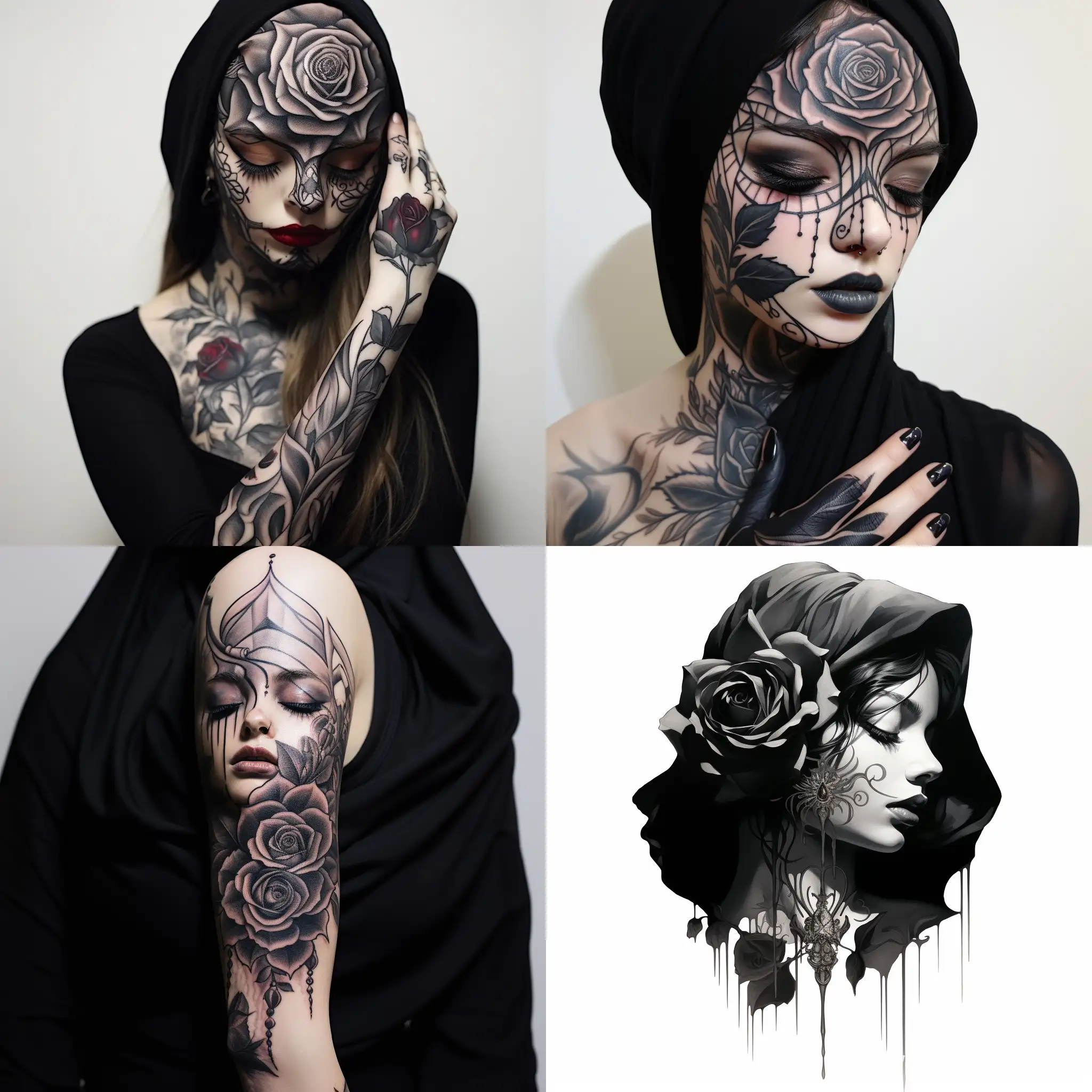 A blackwork tattoo design of a beautiful woman wearing a hijab that transforms into a rose at the top of her head, with her face covered and her hand on her face with long nails