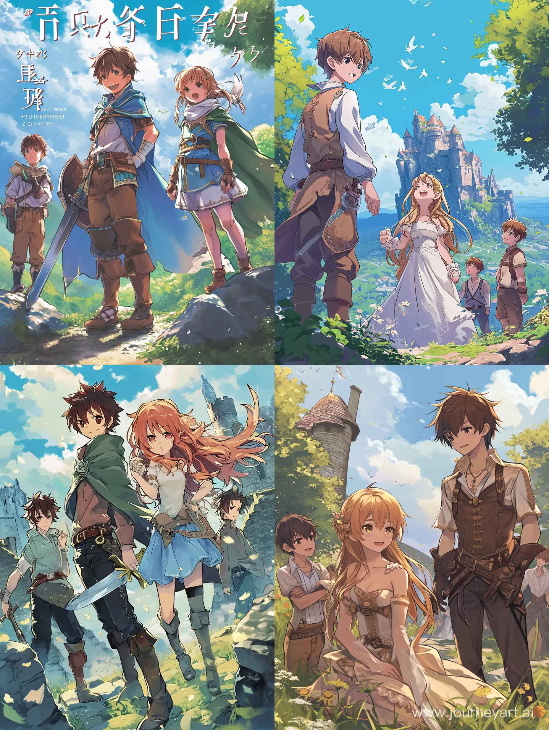 A cover for a light novel, fantasy world, boy and girl, two boys near, anime style.